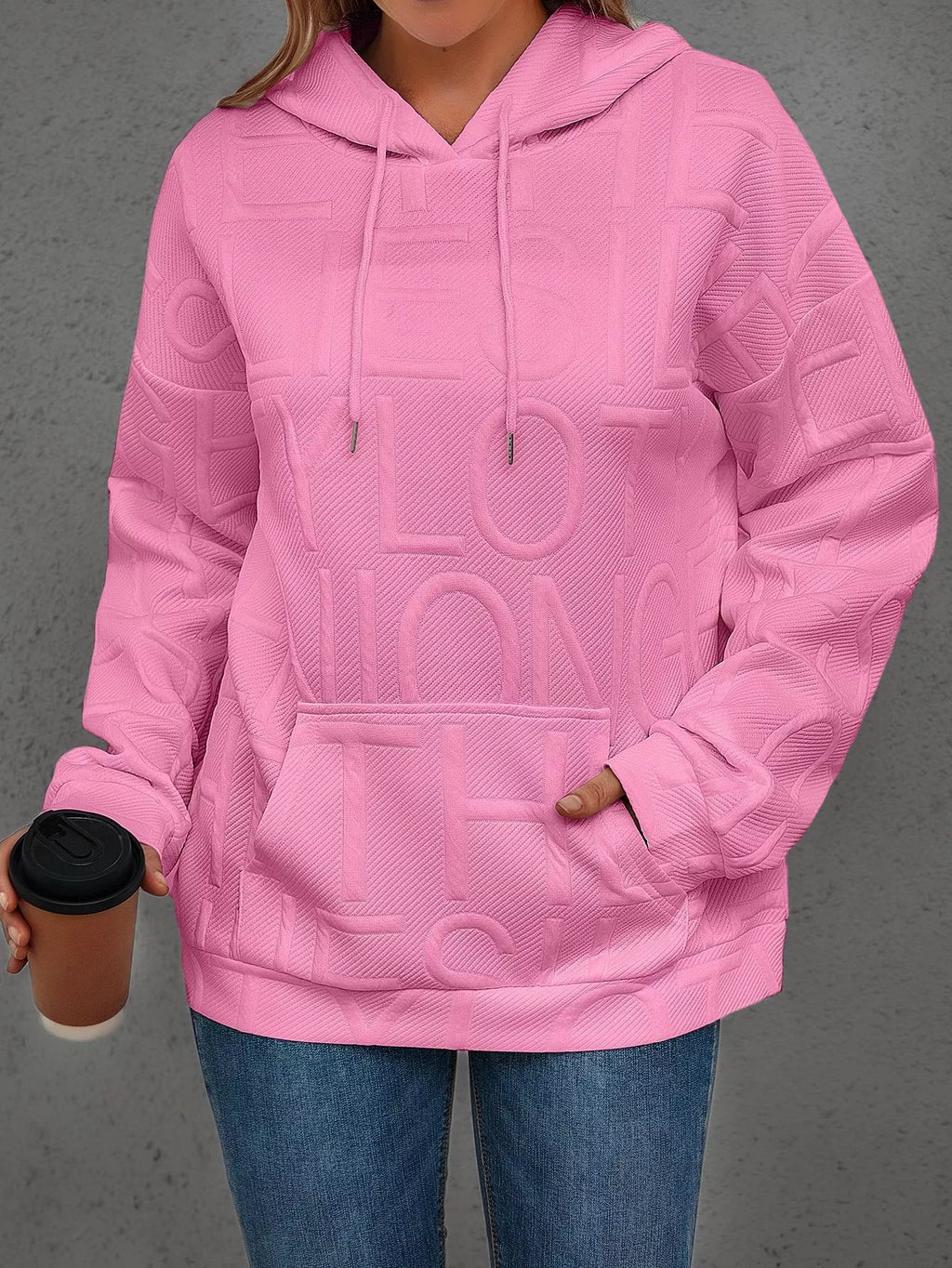 Full Size Textured Embossed Long Sleeve Hoodie Plus Size