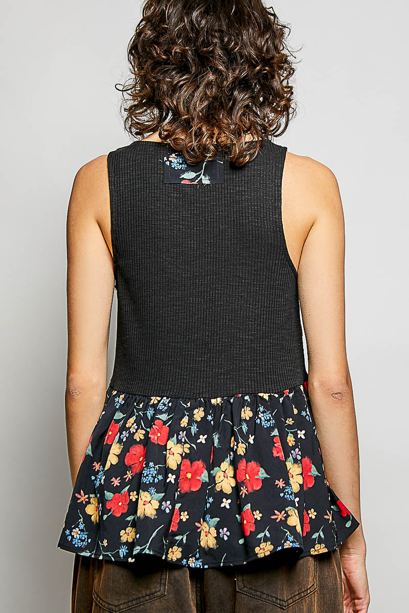POL Ribbed Sleeveless Top with Lace Bust Floral Woven Patch