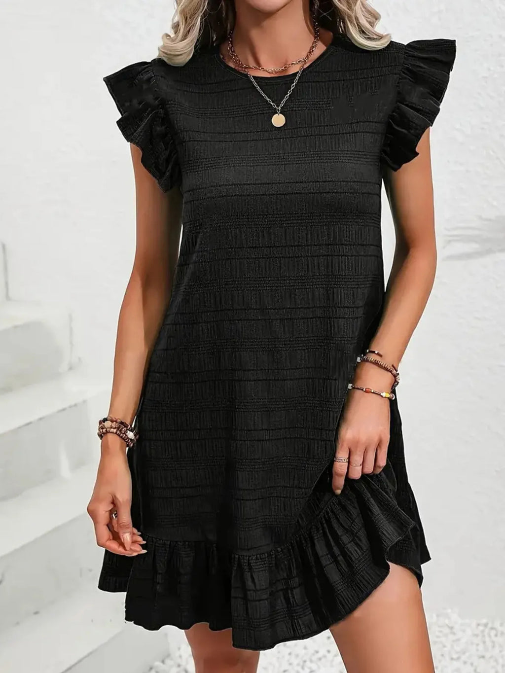 Full Size Ruffled Flutter Sleeve Textured Mini Dress Plus Size
