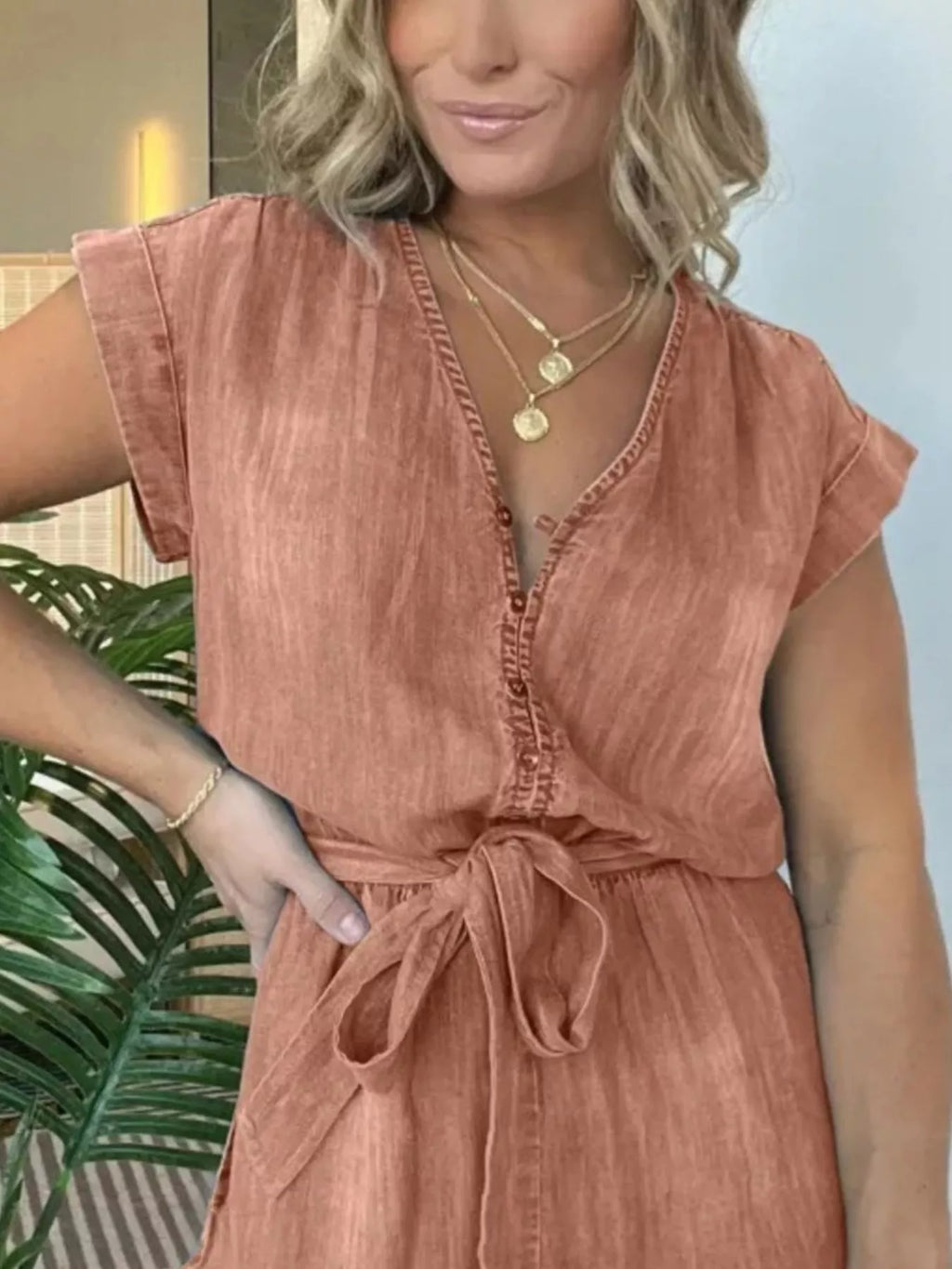 Full Size Tie Waist Cap Sleeve Romper Plus Size