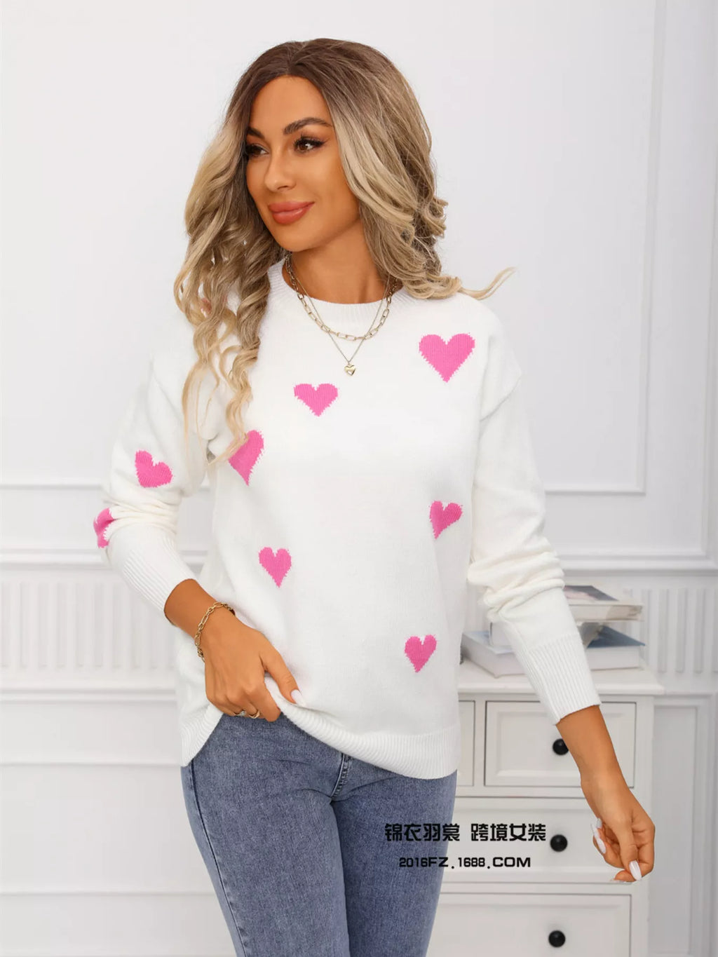 Valentine's Day Heart Print Round Neck Sweater
