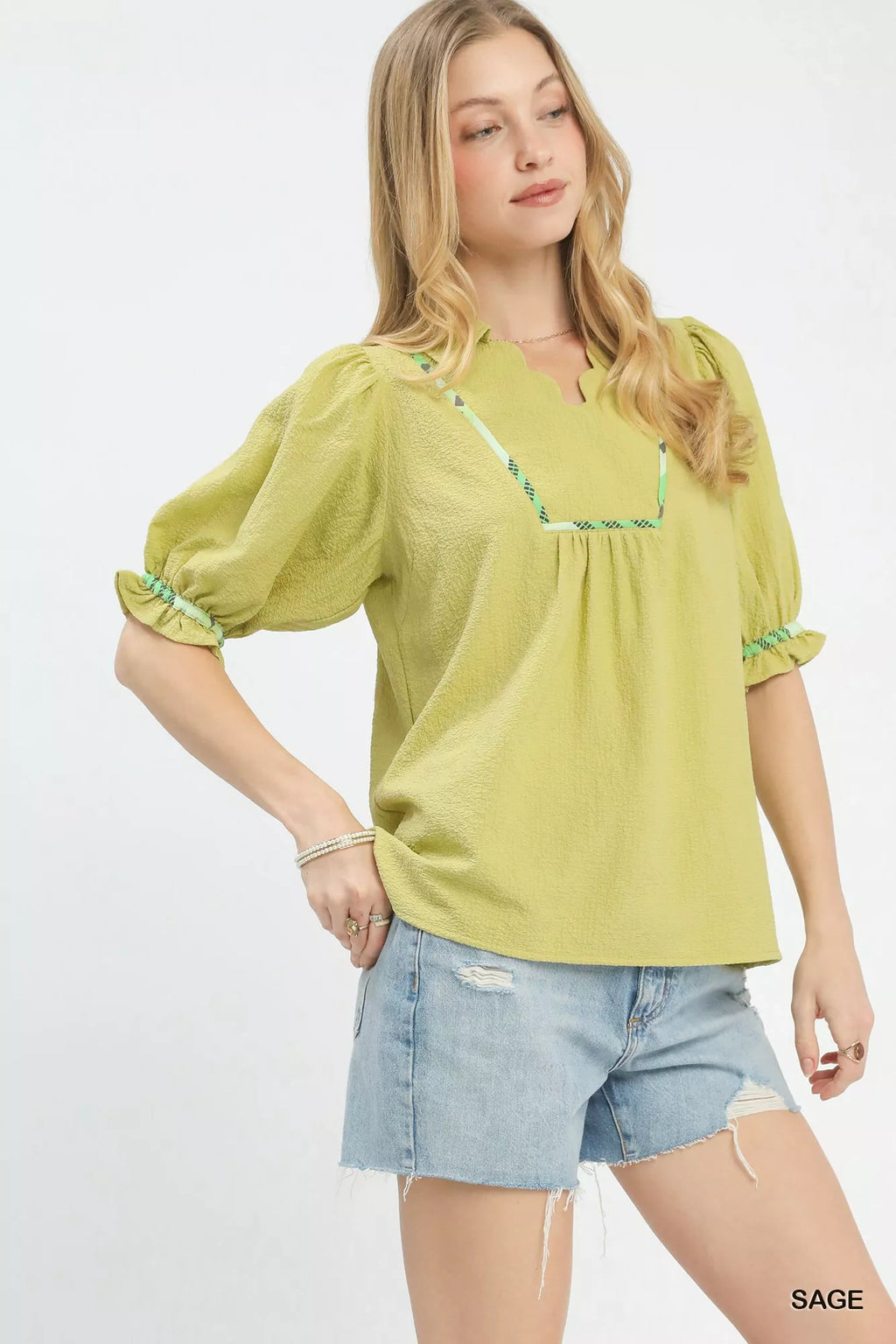 Umgee Scalloped Trim Blouse with Puff Sleeves
