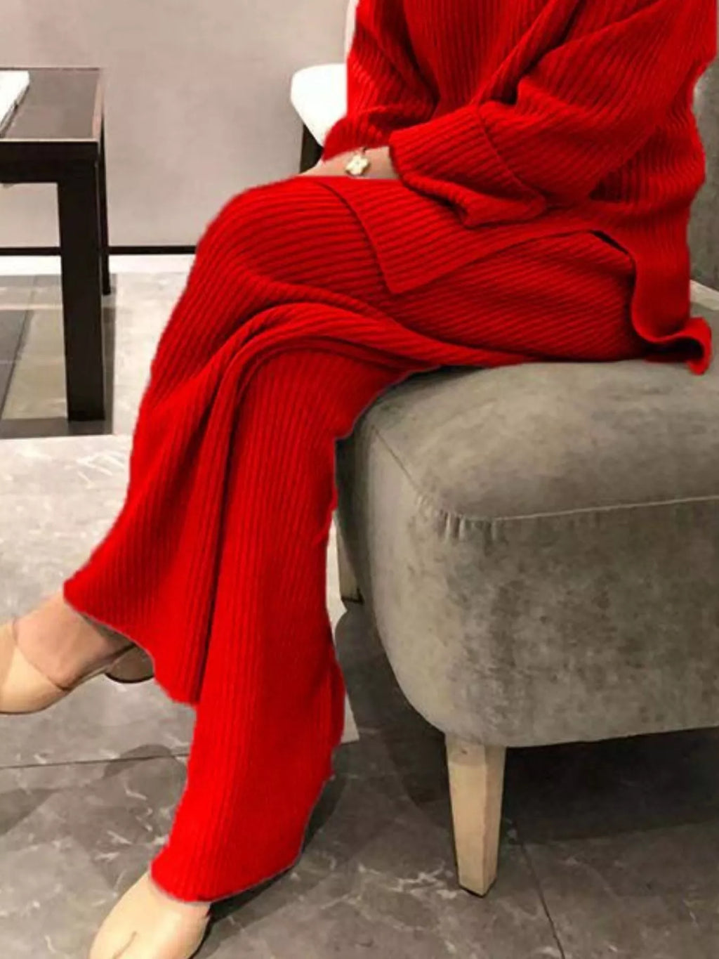 Full Size Ribbed Knit Relaxed Fit Top and Pants Sweater Set Plus Size