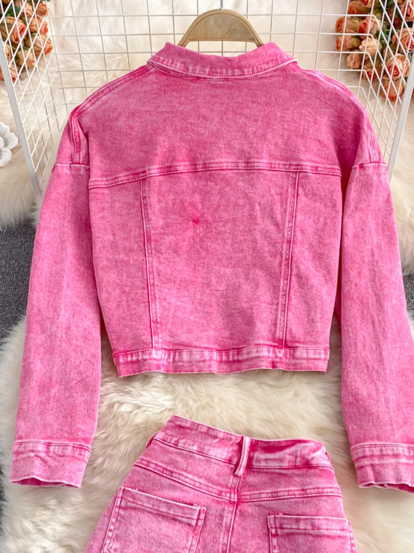 Button Up Jacket and Slit Skirt Denim Set