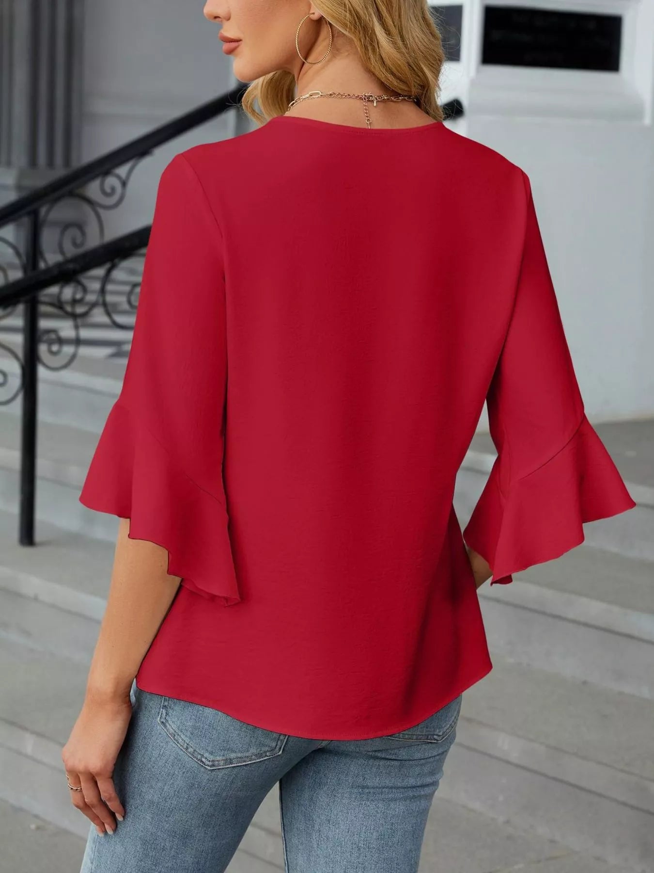 V-Neck Ruffle Sleeve Blouse
