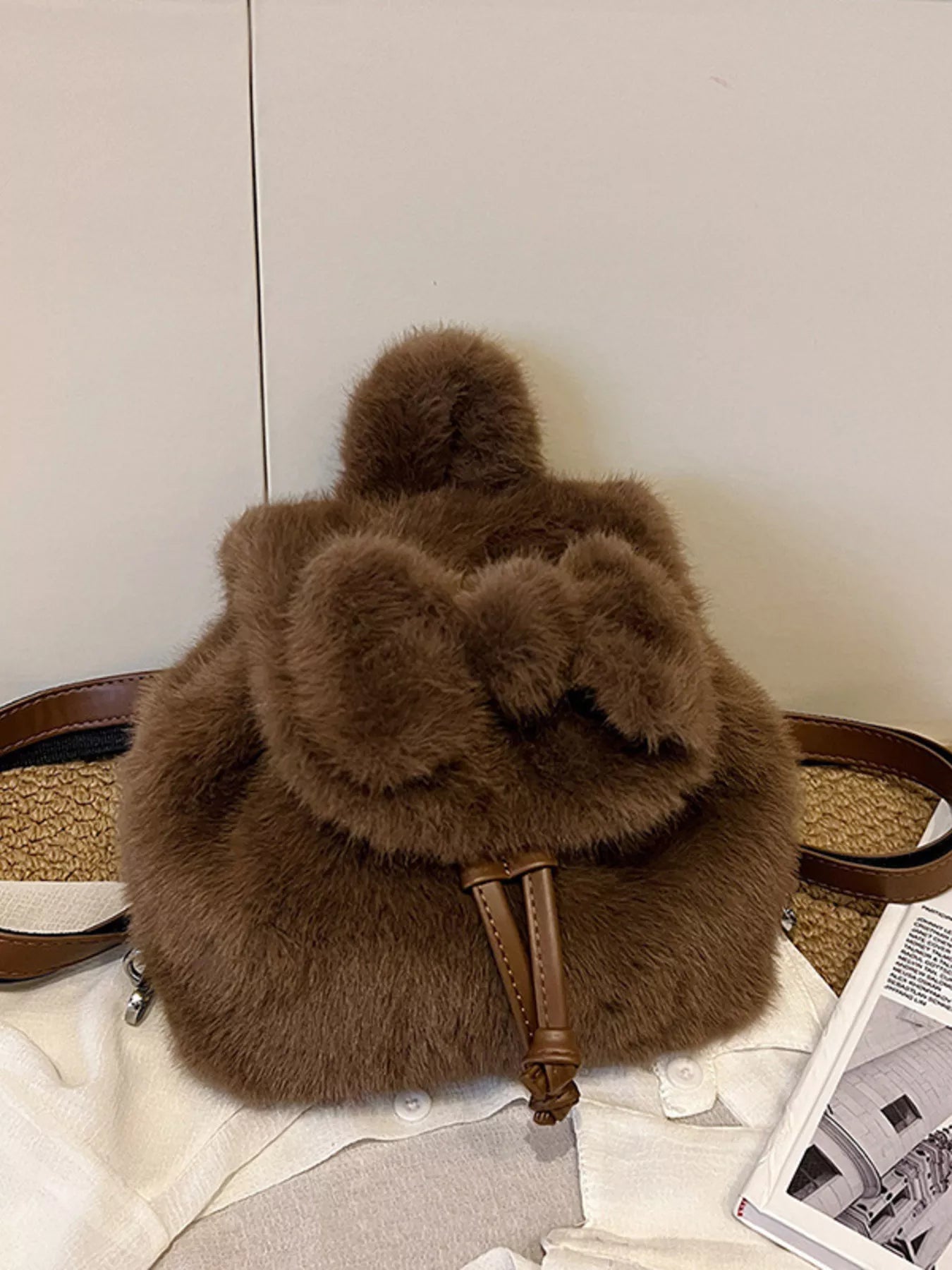Fuzzy Plush Drawstring Backpack Bag