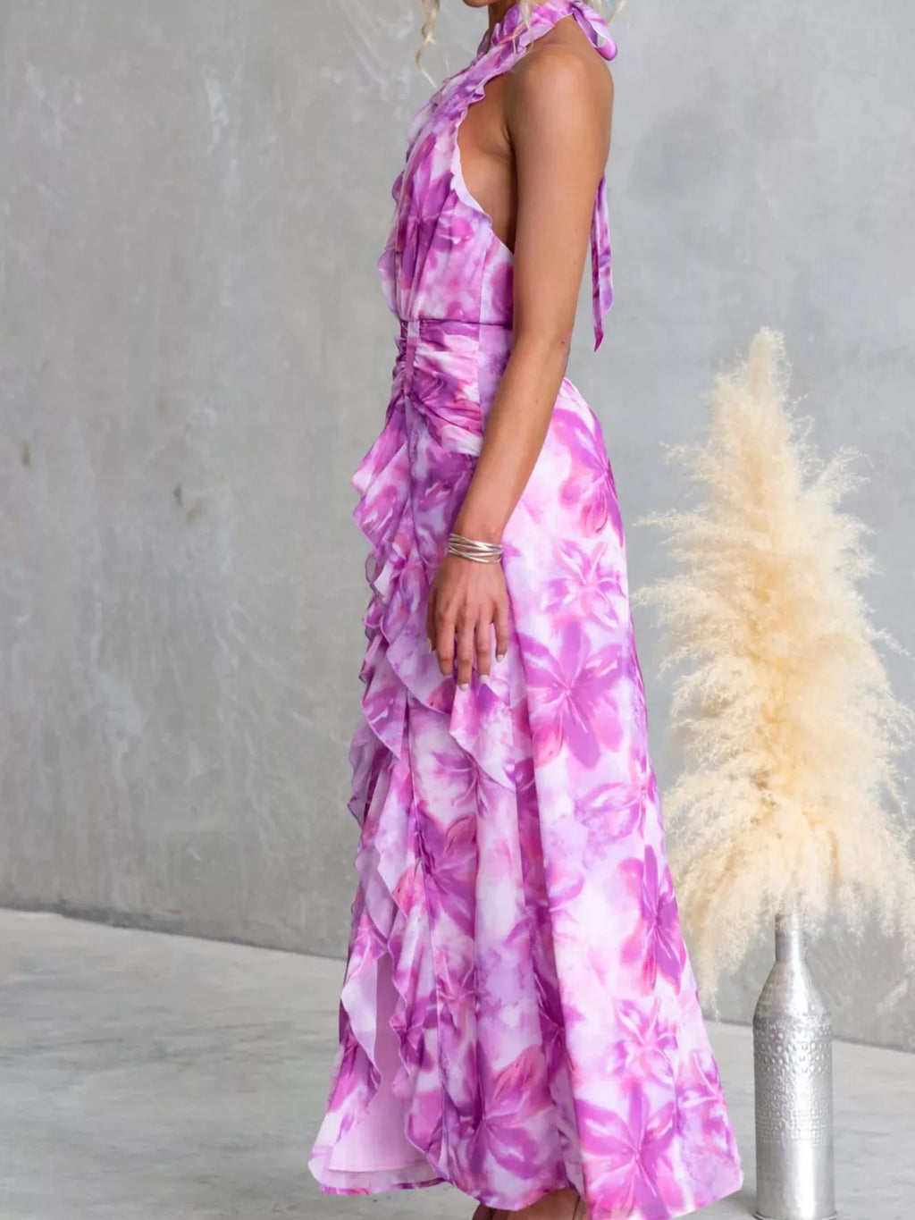 Floral Print Ruffle Halter Neck Maxi Dress