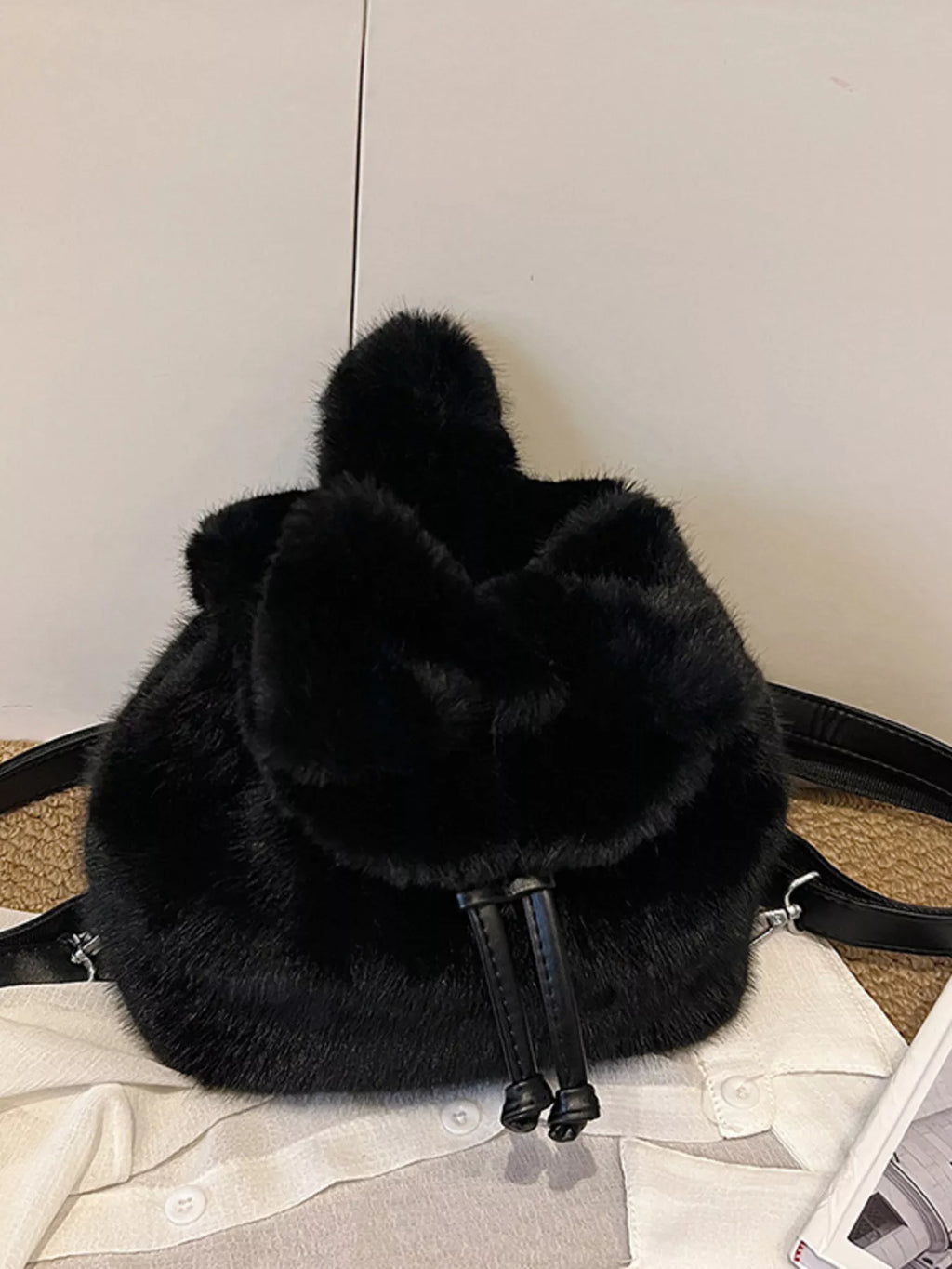 Fuzzy Plush Drawstring Backpack Bag
