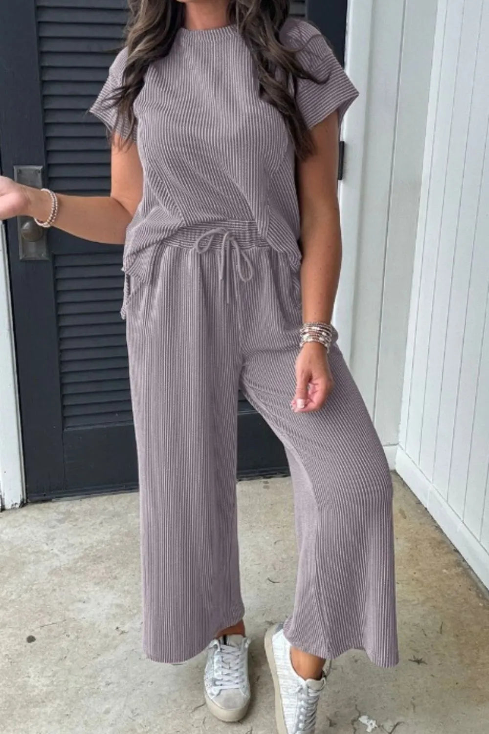 Corded Knit Short Sleeve T-Shirt and Wide Leg Pants Set