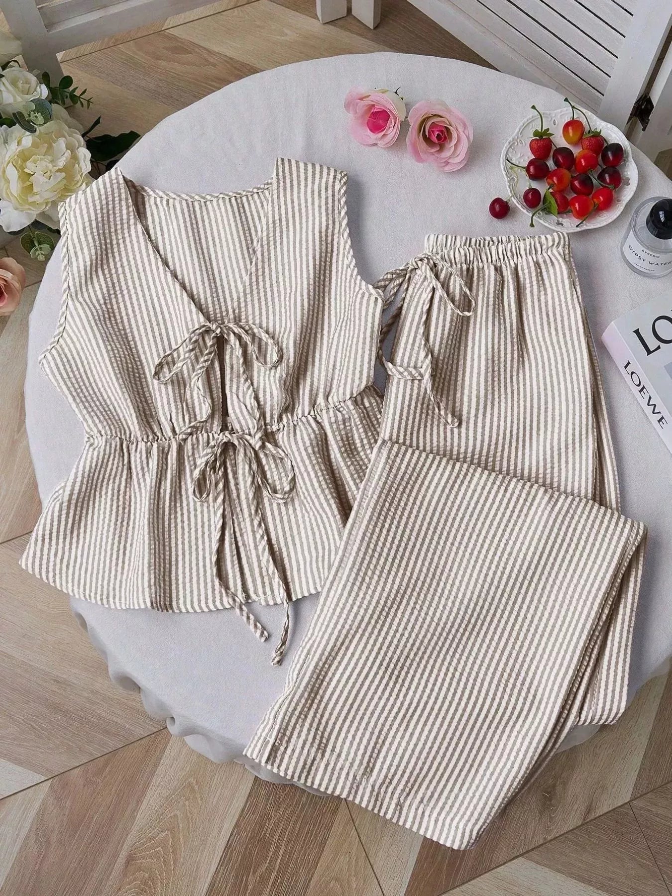 Striped Tie-Front Sleeveless Top and Pants Set
