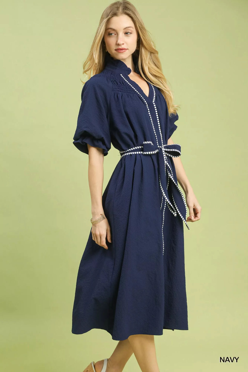 Umgee Ruffle Collar Midi Dress with Stripe Trim
