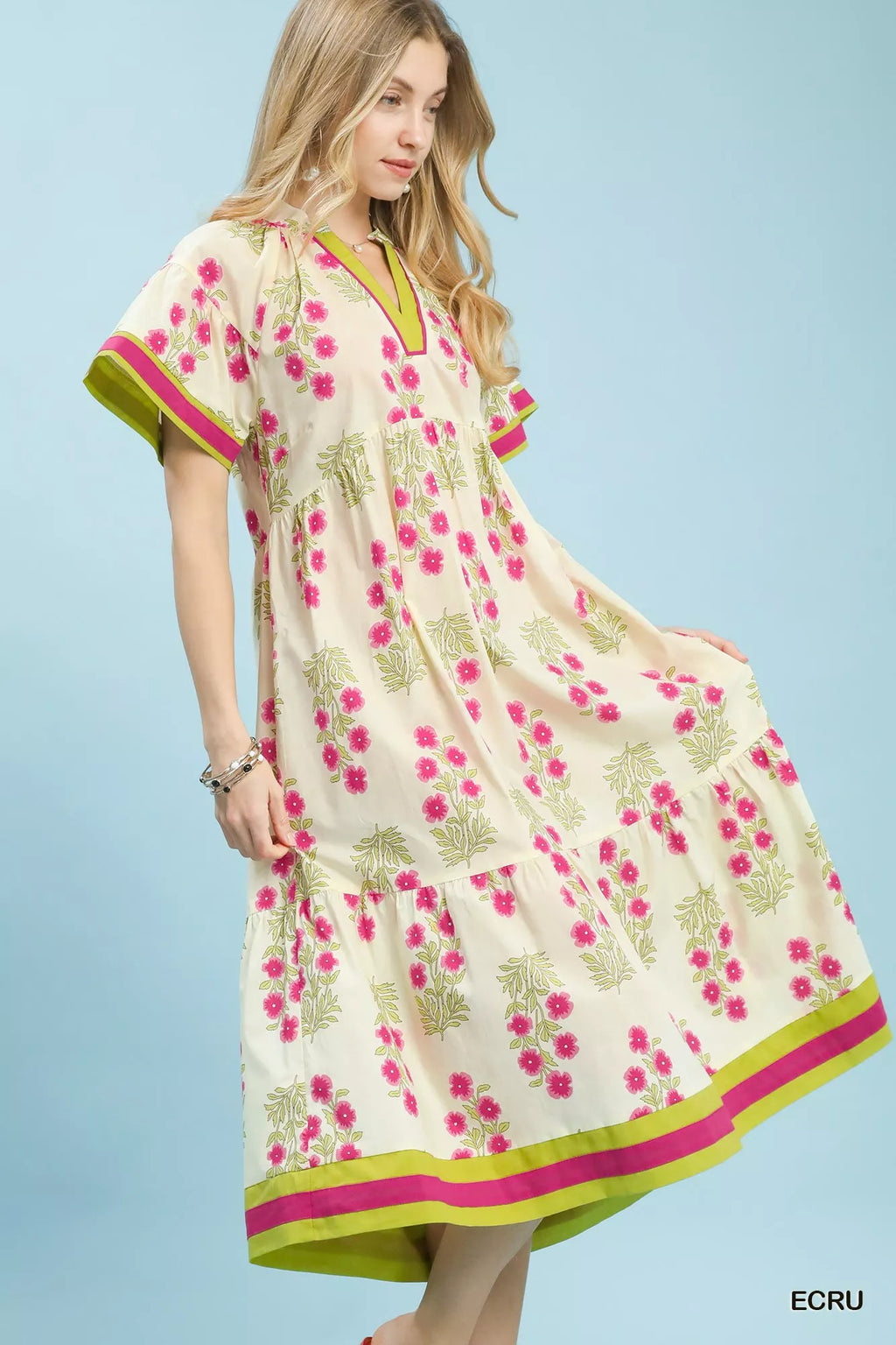 Umgee Floral Border Tiered Midi Dress
