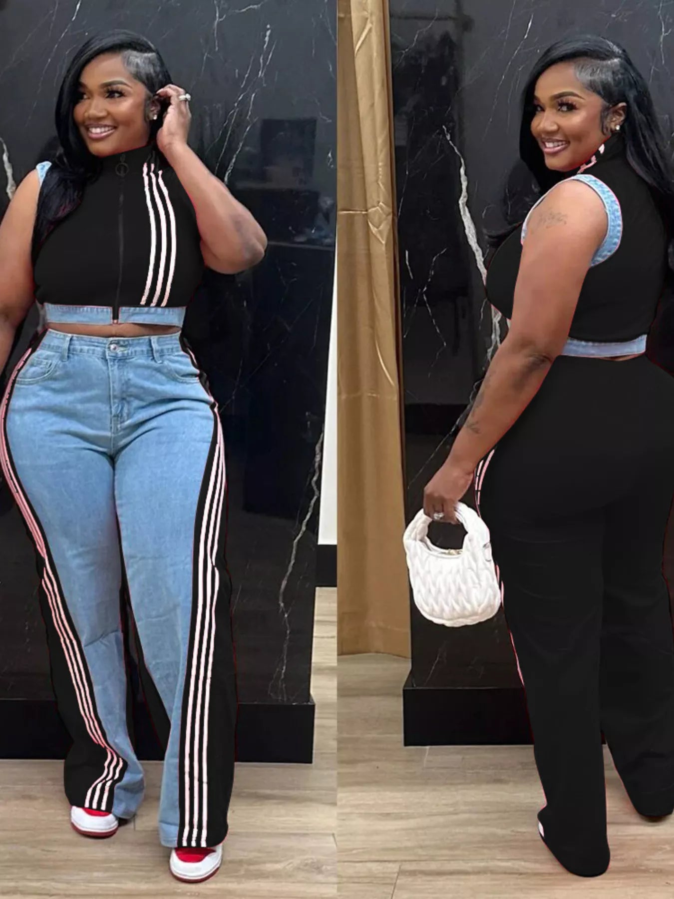 Zip Front Crop Top and Striped Pants Set