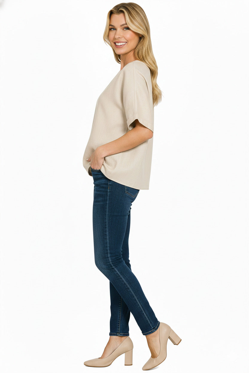 Zenana Linen Round Neck Cuffed Sleeve Top