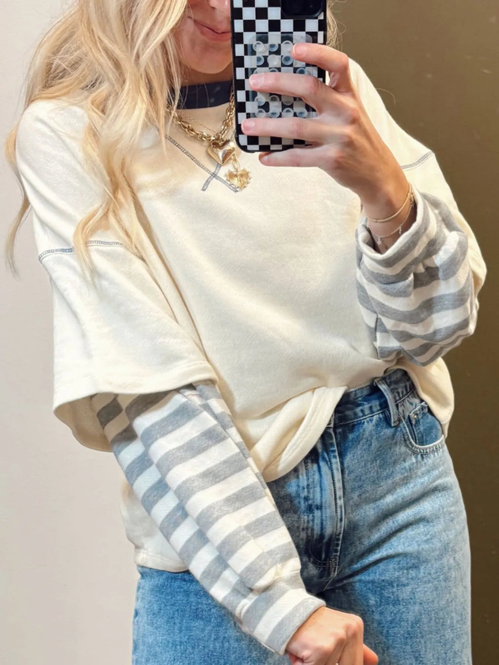 Striped Patchwork Long Sleeve Round Neck Two-in-one Top