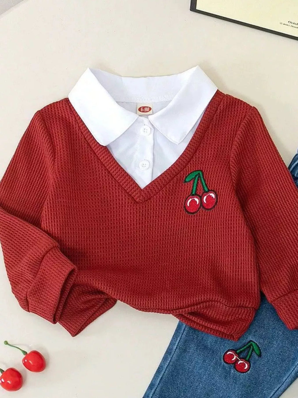 Children's Cherry Embroidered Knit Top and Jeans Set