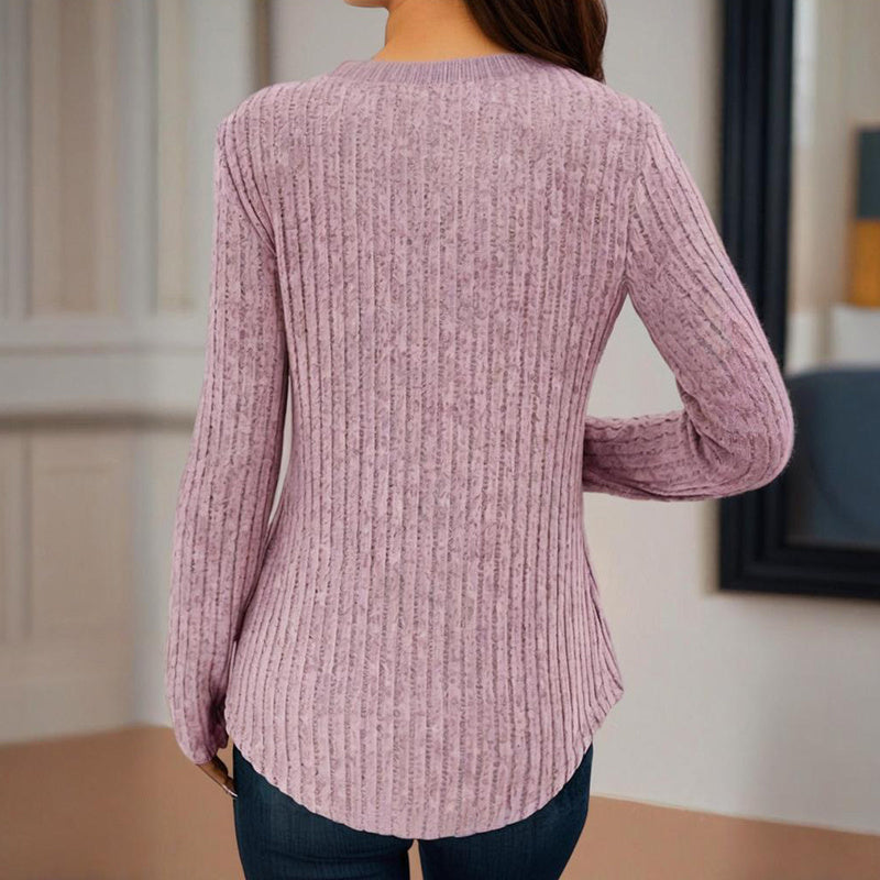 Women's Solid Color Button V-Neck Long Sleeve Knit Top