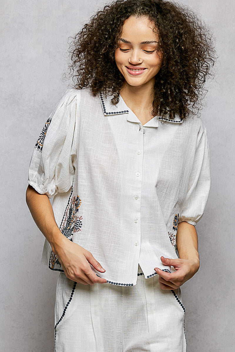 POL Button Down Embroidered Floral Short Sleeve Shirt