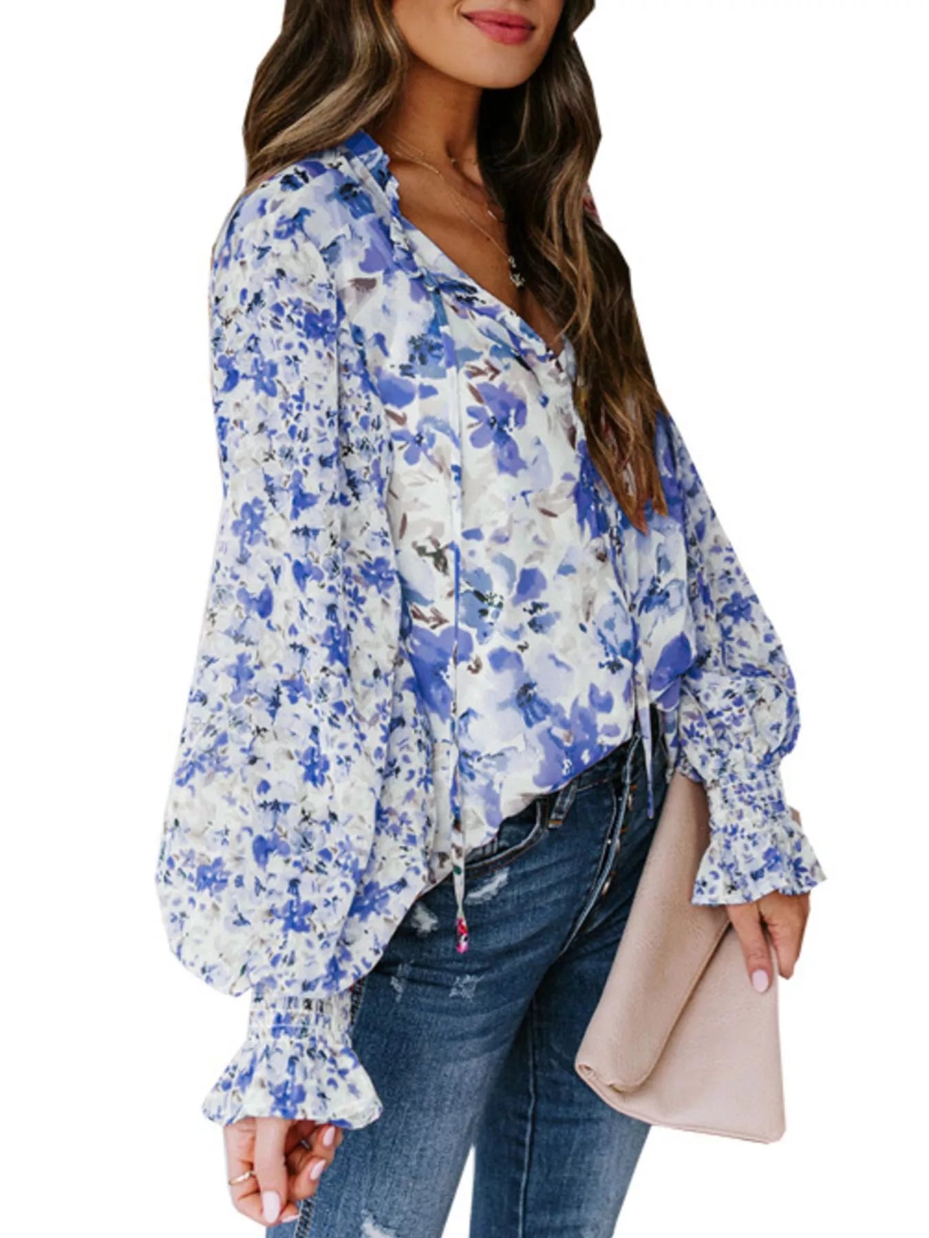 Full Size Floral Print Smocked Cuff Blouse Plus Size