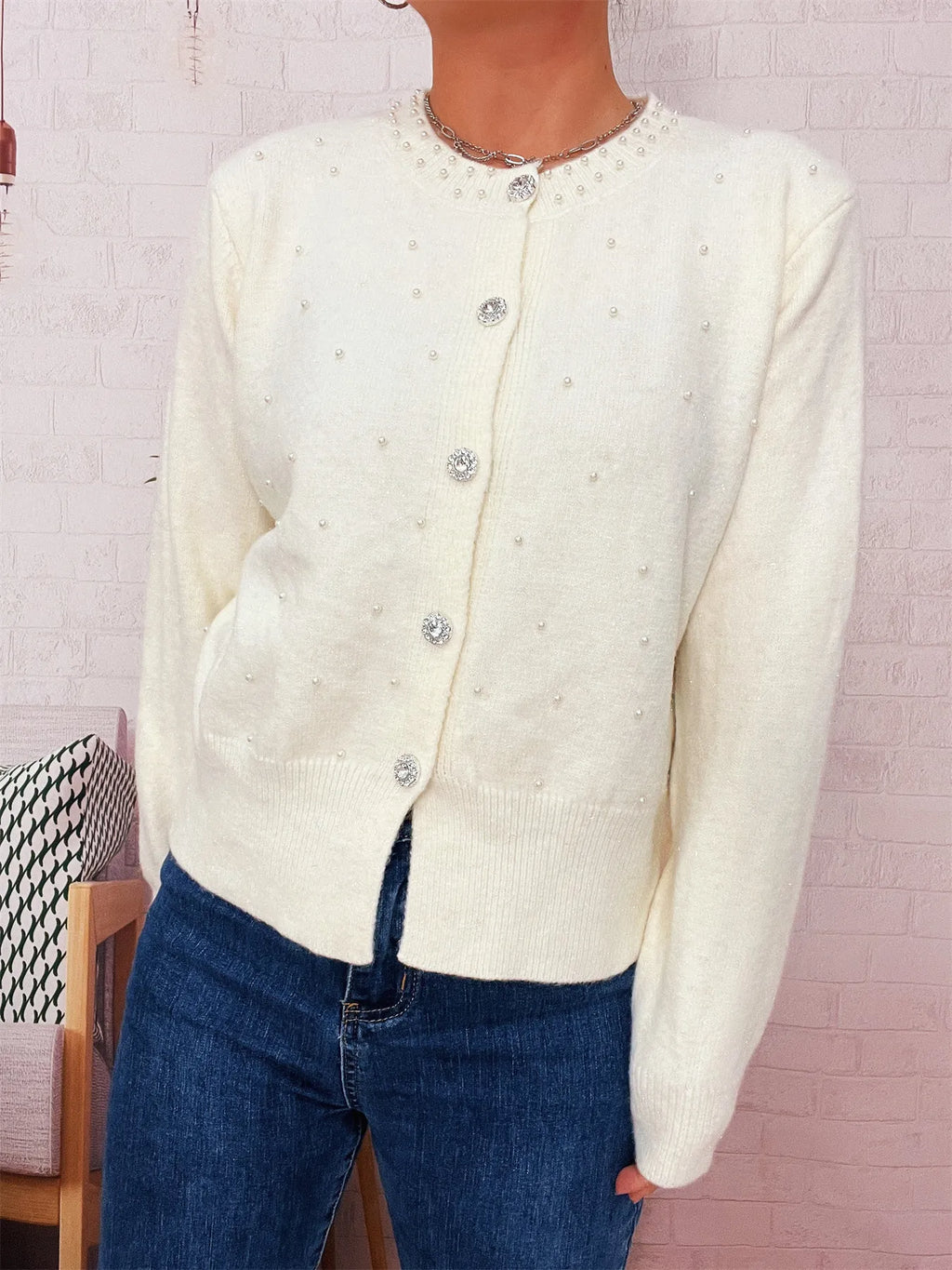 Pearl Detail Button-Front Cardigan