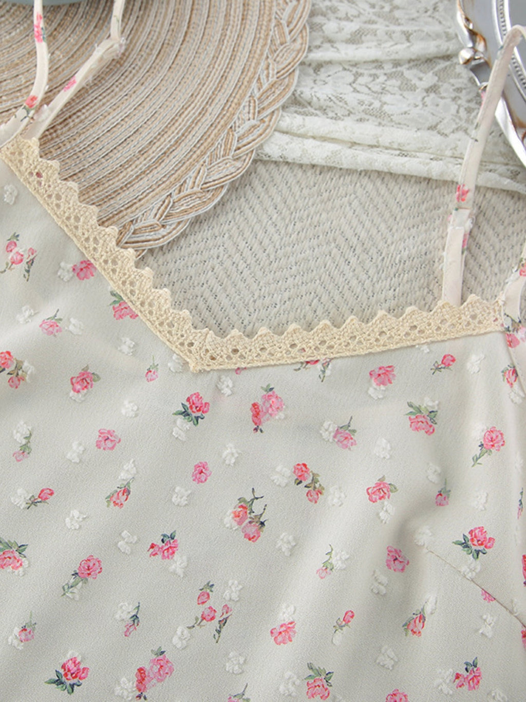 Floral Print Lace Trim Cami and Shorts Set
