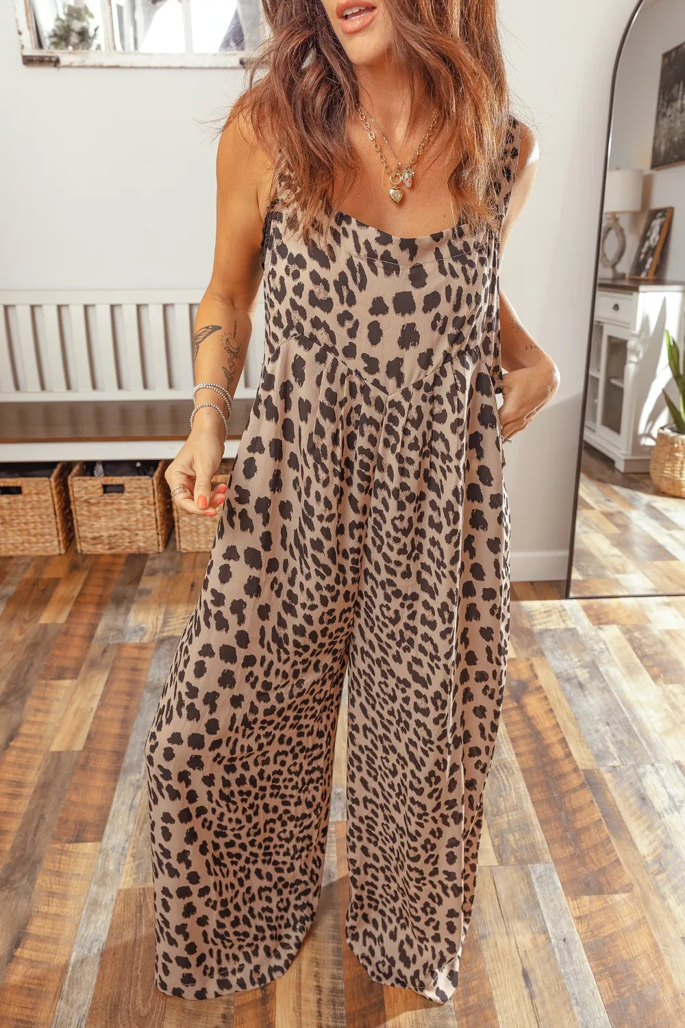 Leopard Print Square Neck Pleated Wide Leg Jumpsuit