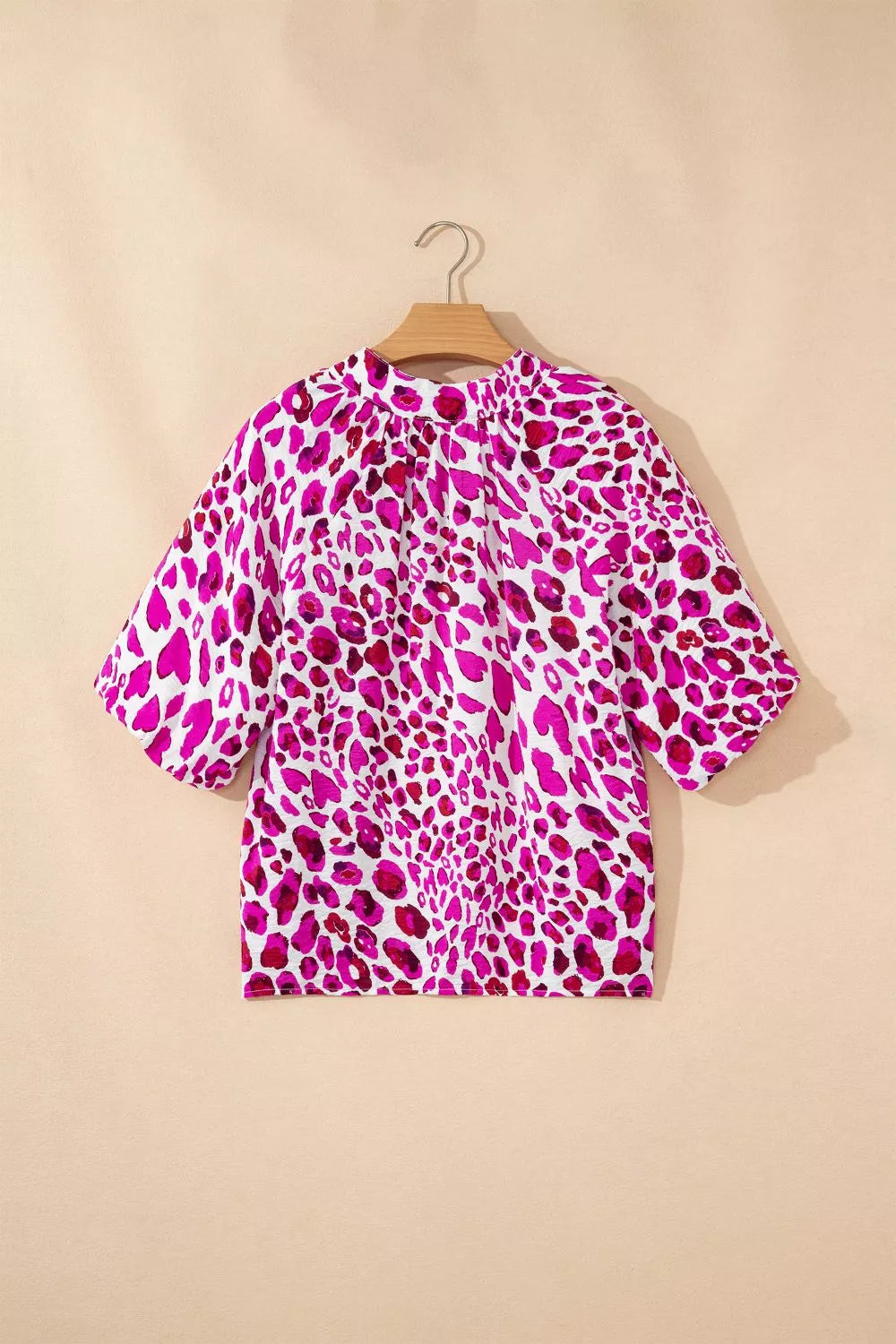 Leopard Print V Neck Puffy Half Sleeve Blouse