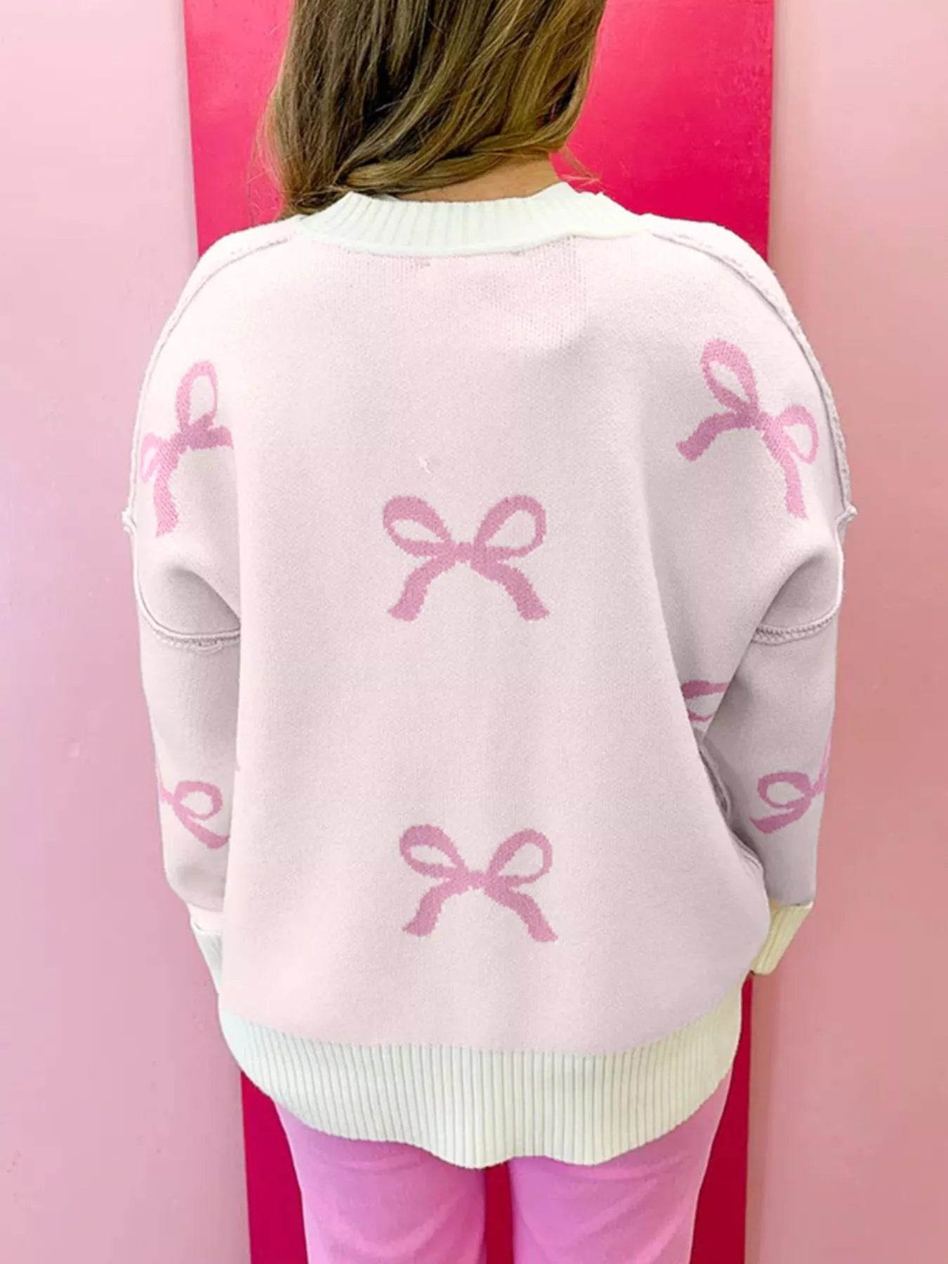 Bow Print Ribbed Trim Exposed Seam Drop Shoulder Loose Sweater