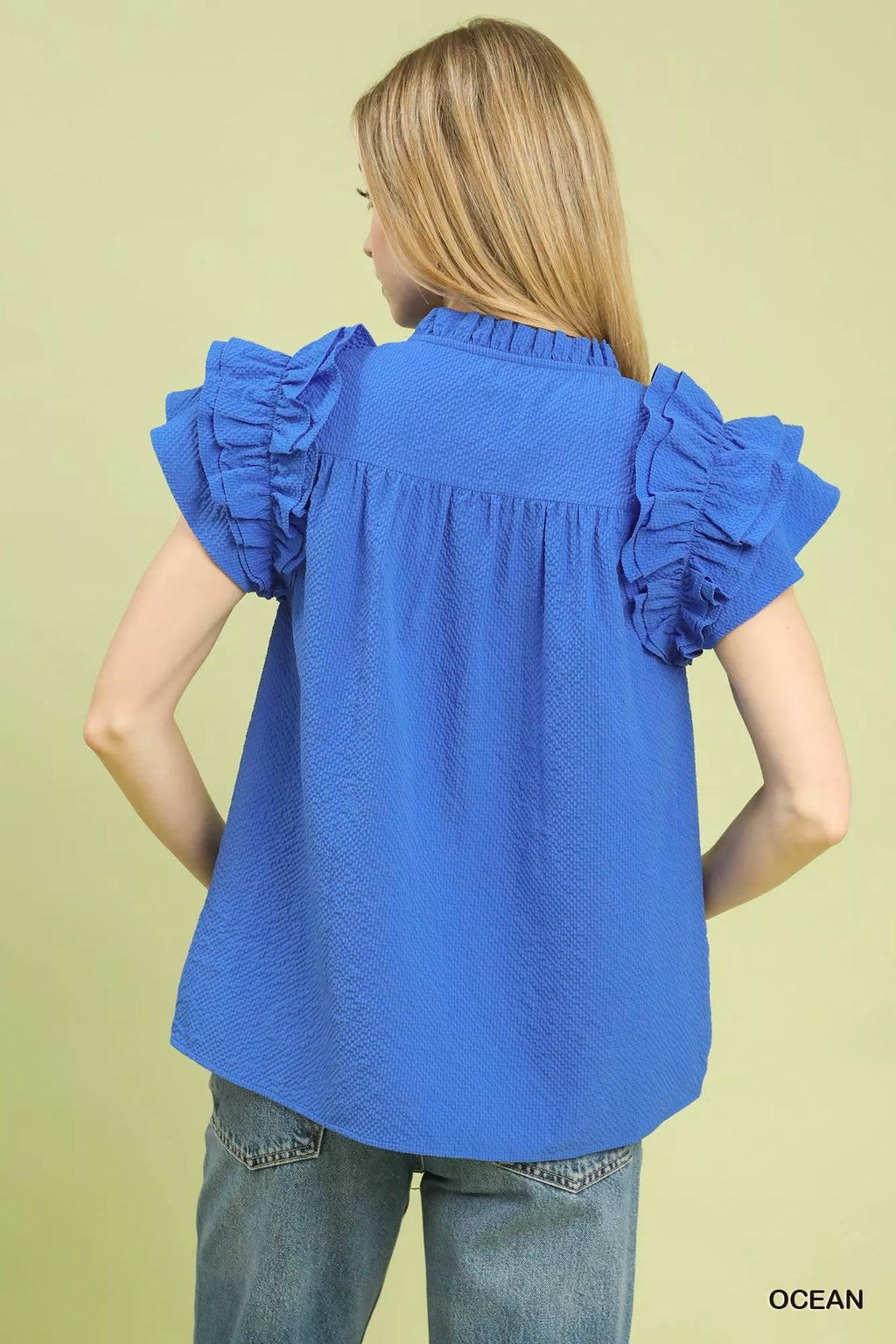 Umgee Textured Ruffle Sleeve Notched Top