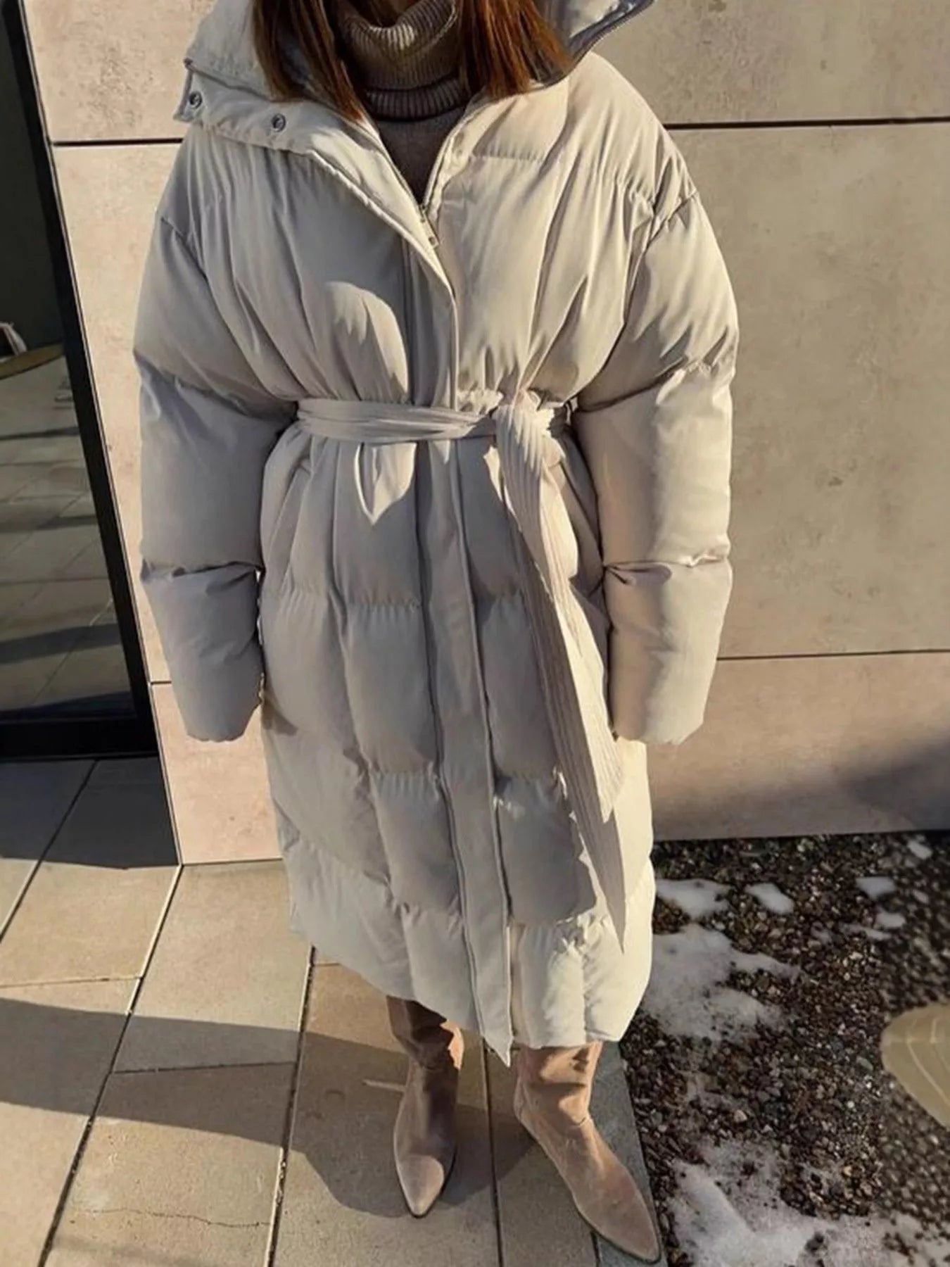 Longline Padded Winter Coat with Belted