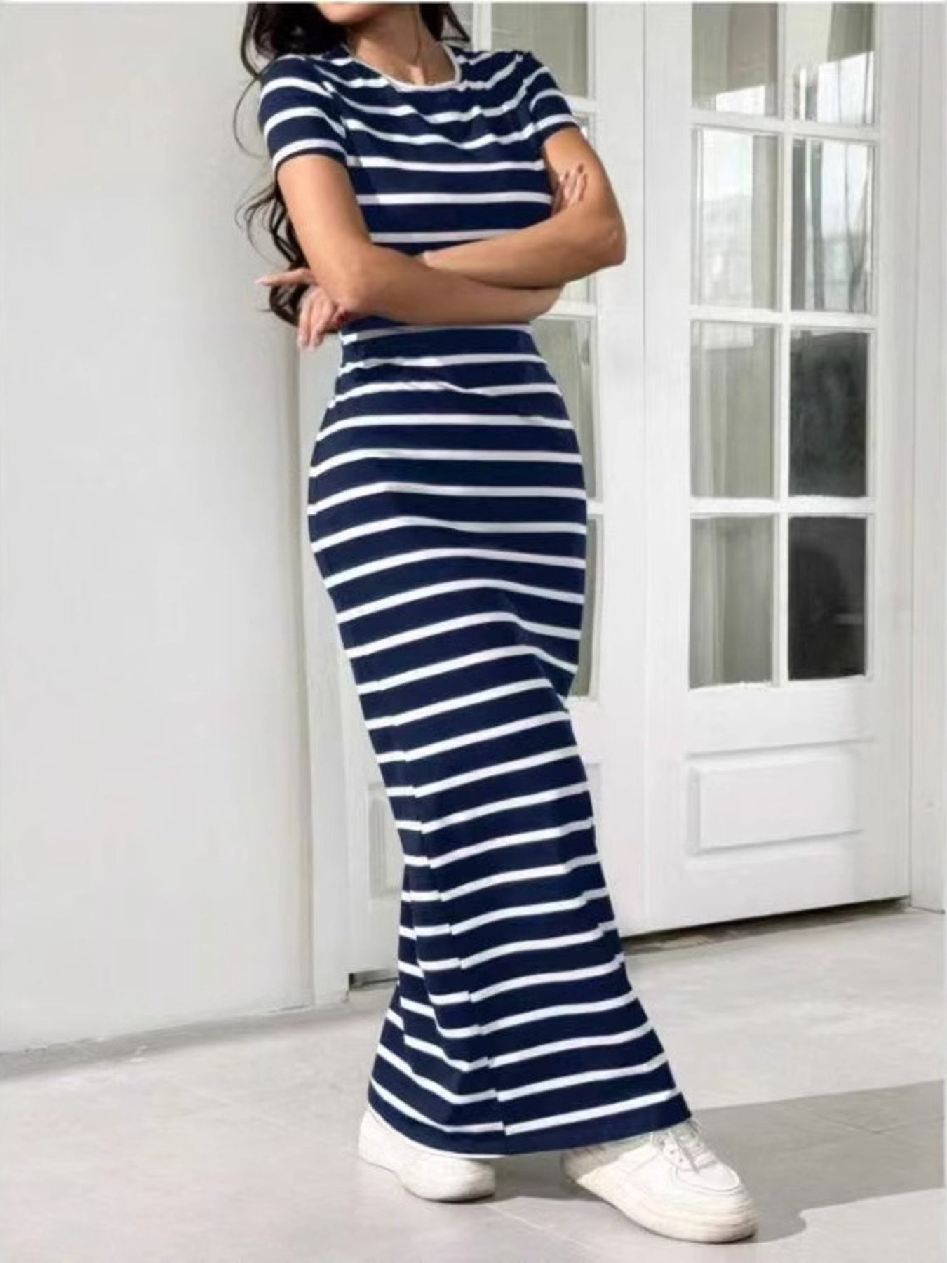 Striped Round Neck Bodycon Maxi Dress