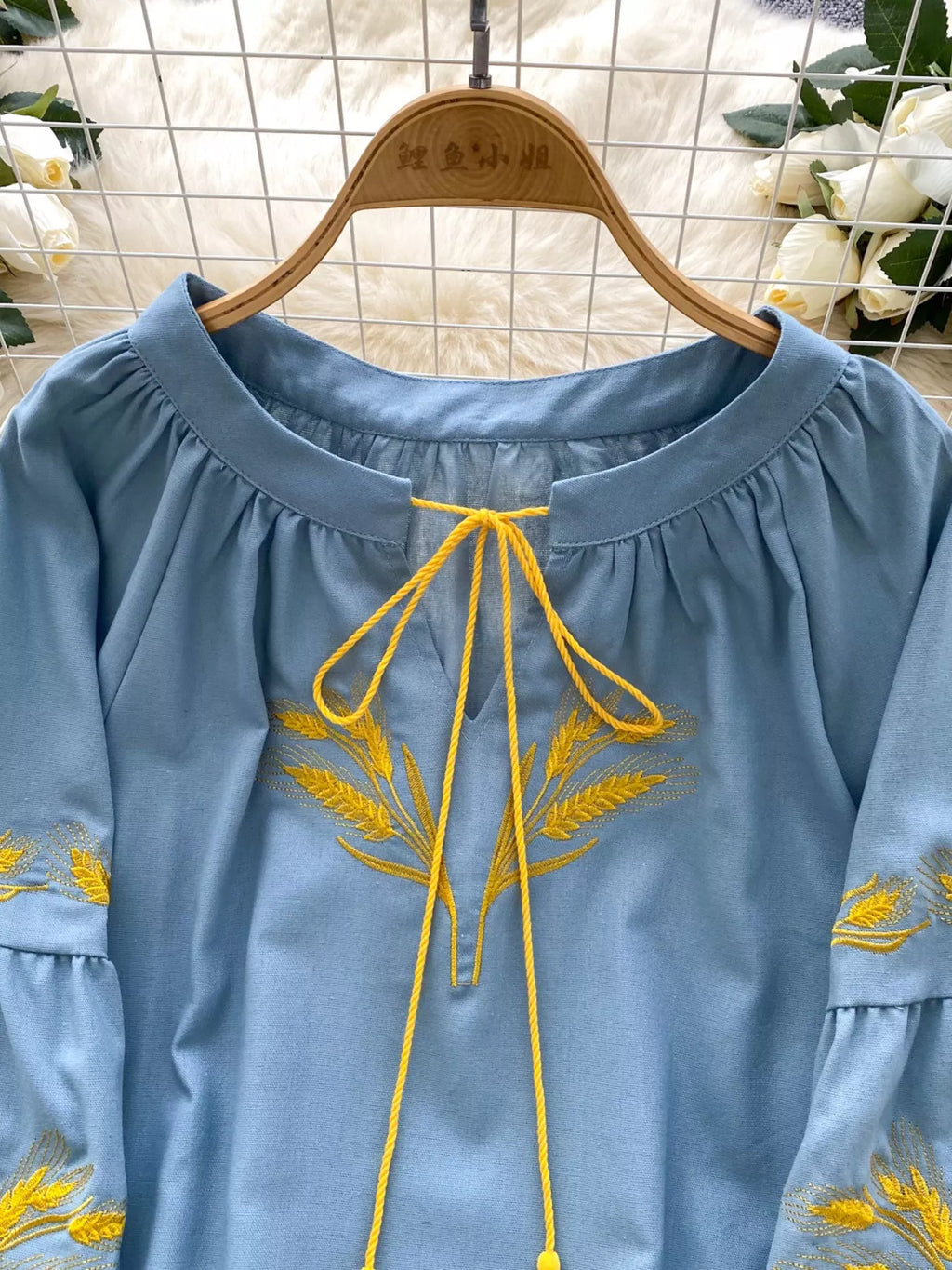 Embroidered Wheat Pattern Tie Neck Blouse
