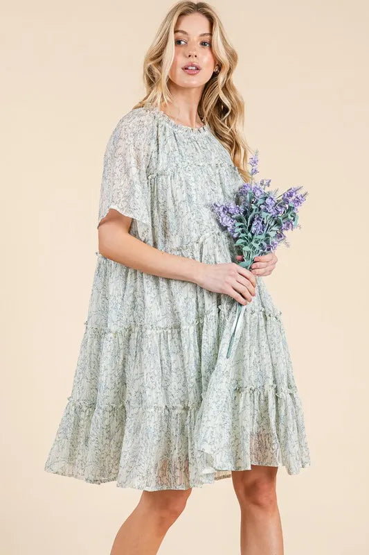Lime 'N' Chili Ditsy Floral Print Sheer Ruffle Detail Mini Dress