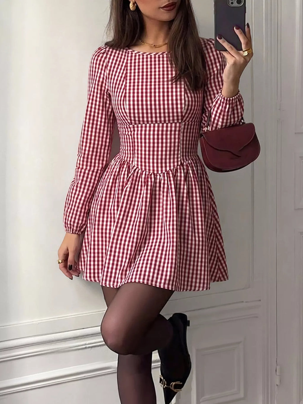 Backless Plaid Long Sleeve Dress