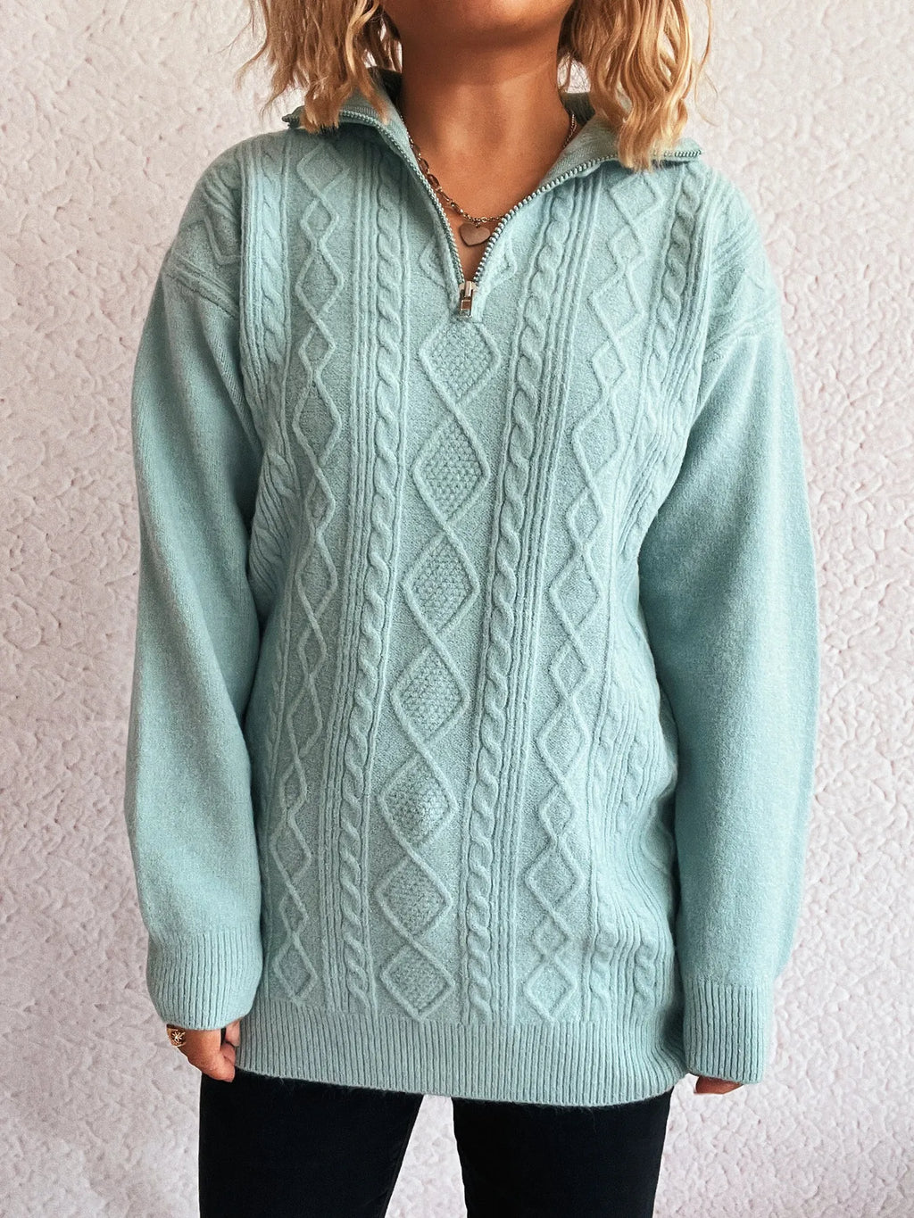 Texture Zip Collar Long Sleeve Sweater