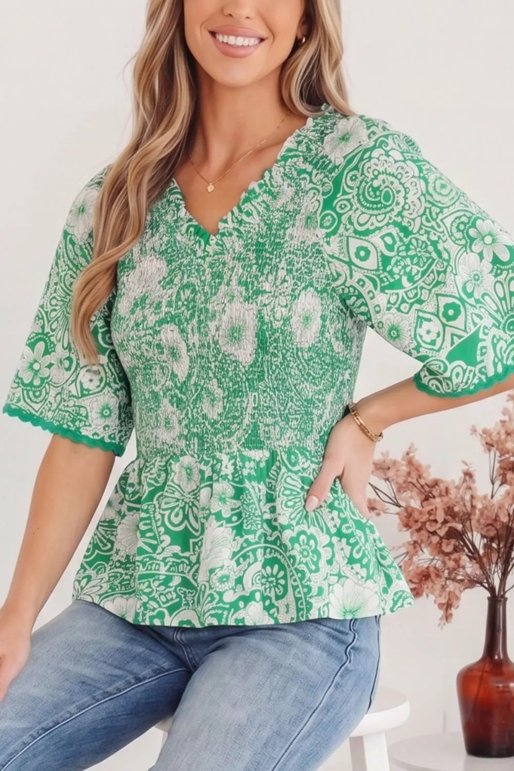 Flirty Floral Smocked V Neck Blouse