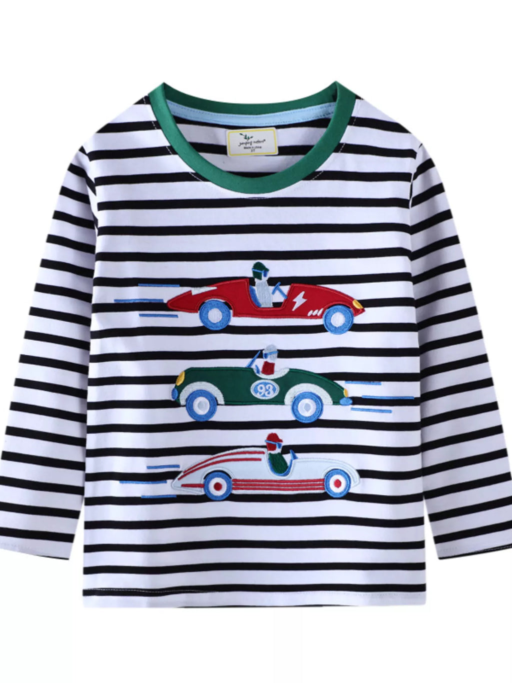 Children's Racing Car Embroidered Striped Long Sleeve T-Shirt
