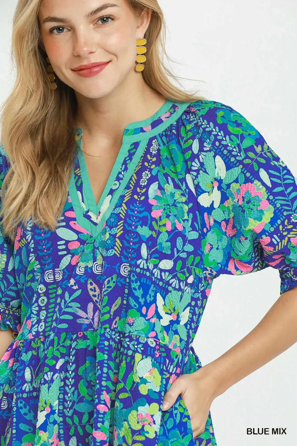 Umgee Mix Botanical Print Puff Sleeve Tiered Dress