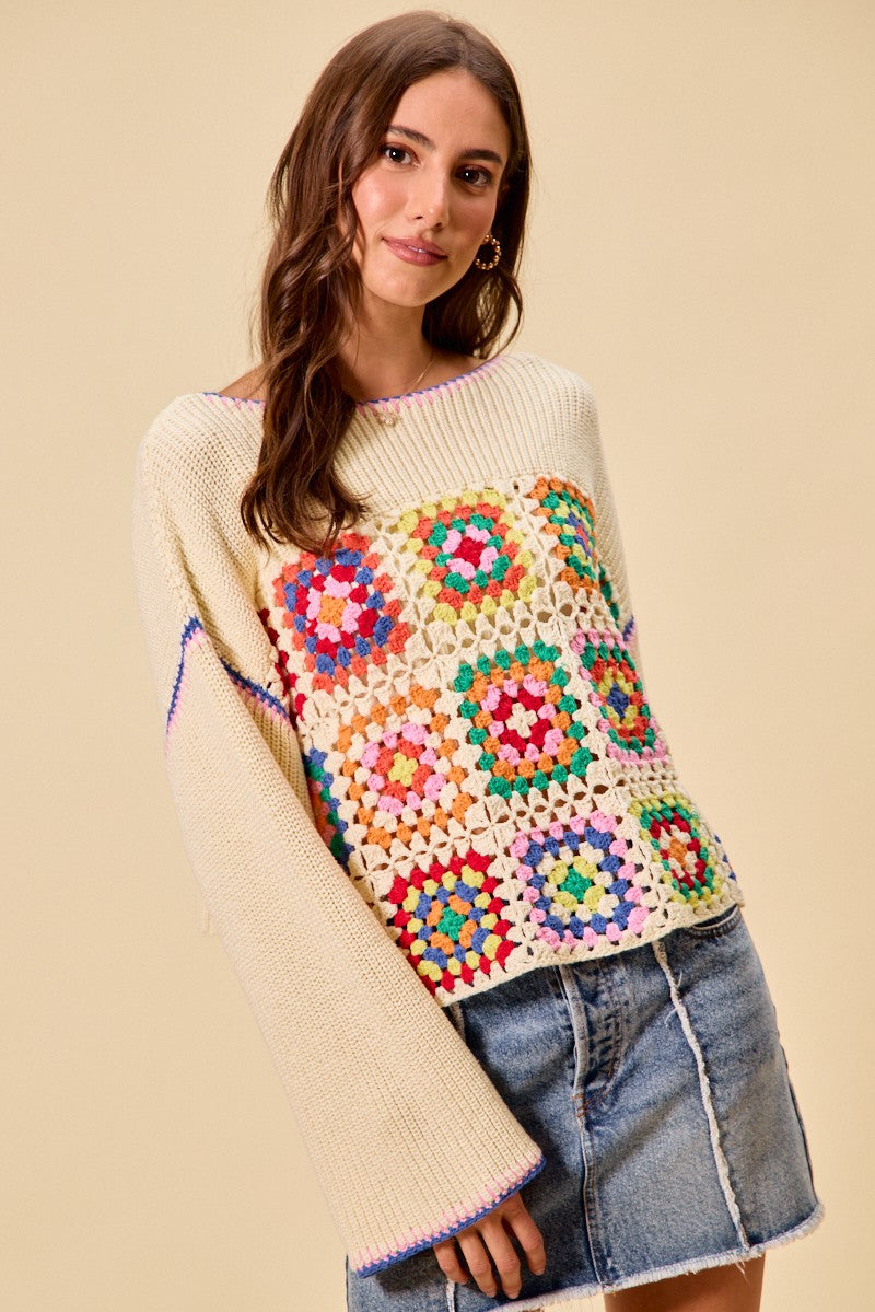 SO ME Multi Color Granny Crochet Lace Sweater Top