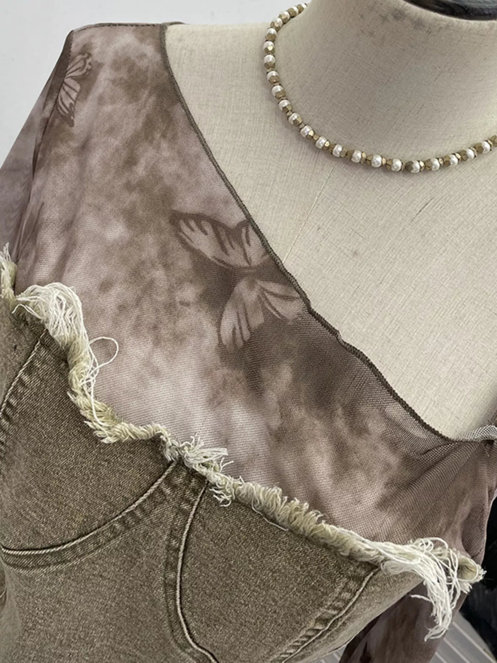 Asymmetrical Neck Denim Patchwork Top