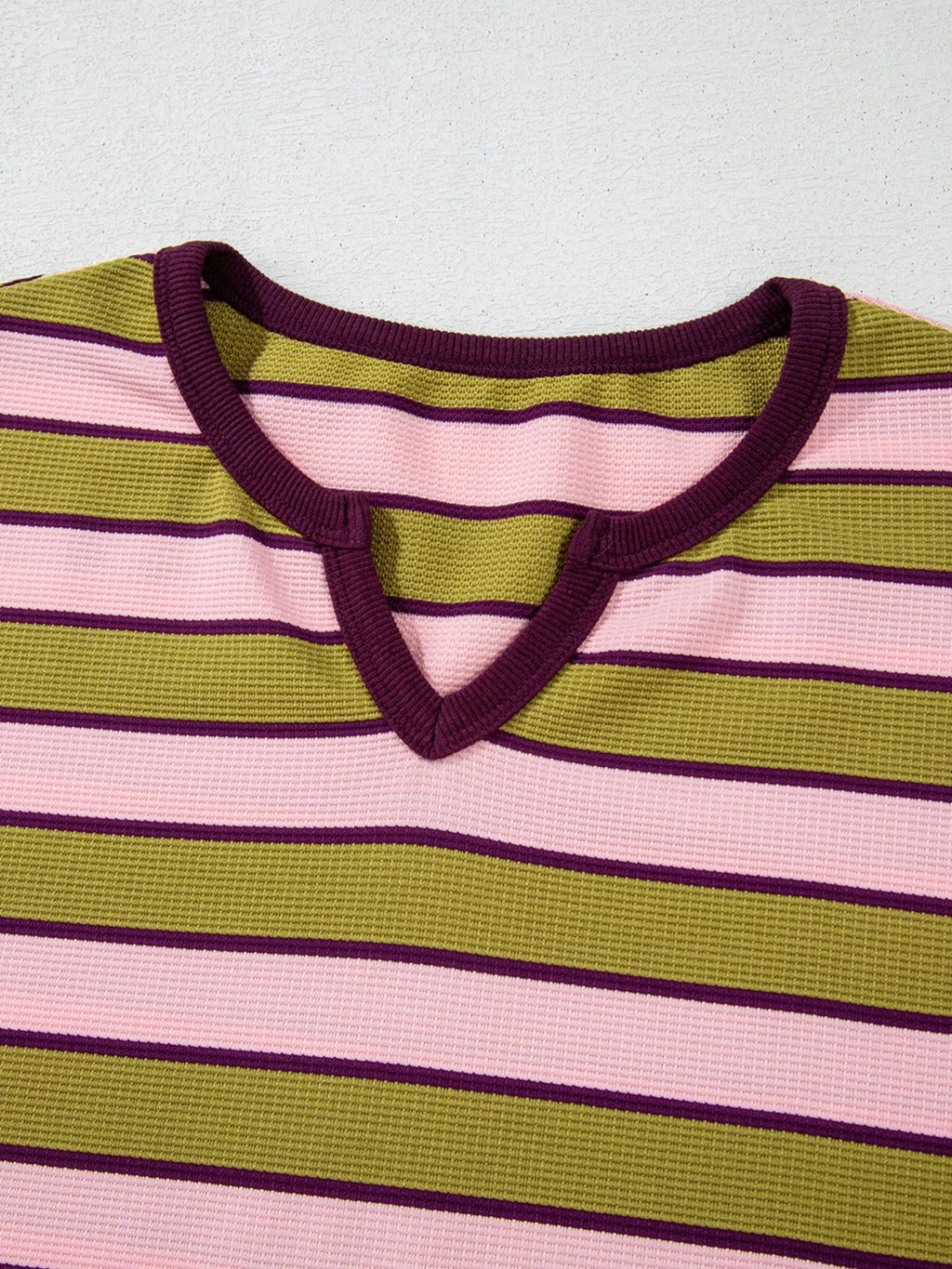 Stripes Waffle Texture Notched Neck Long Sleeve Top