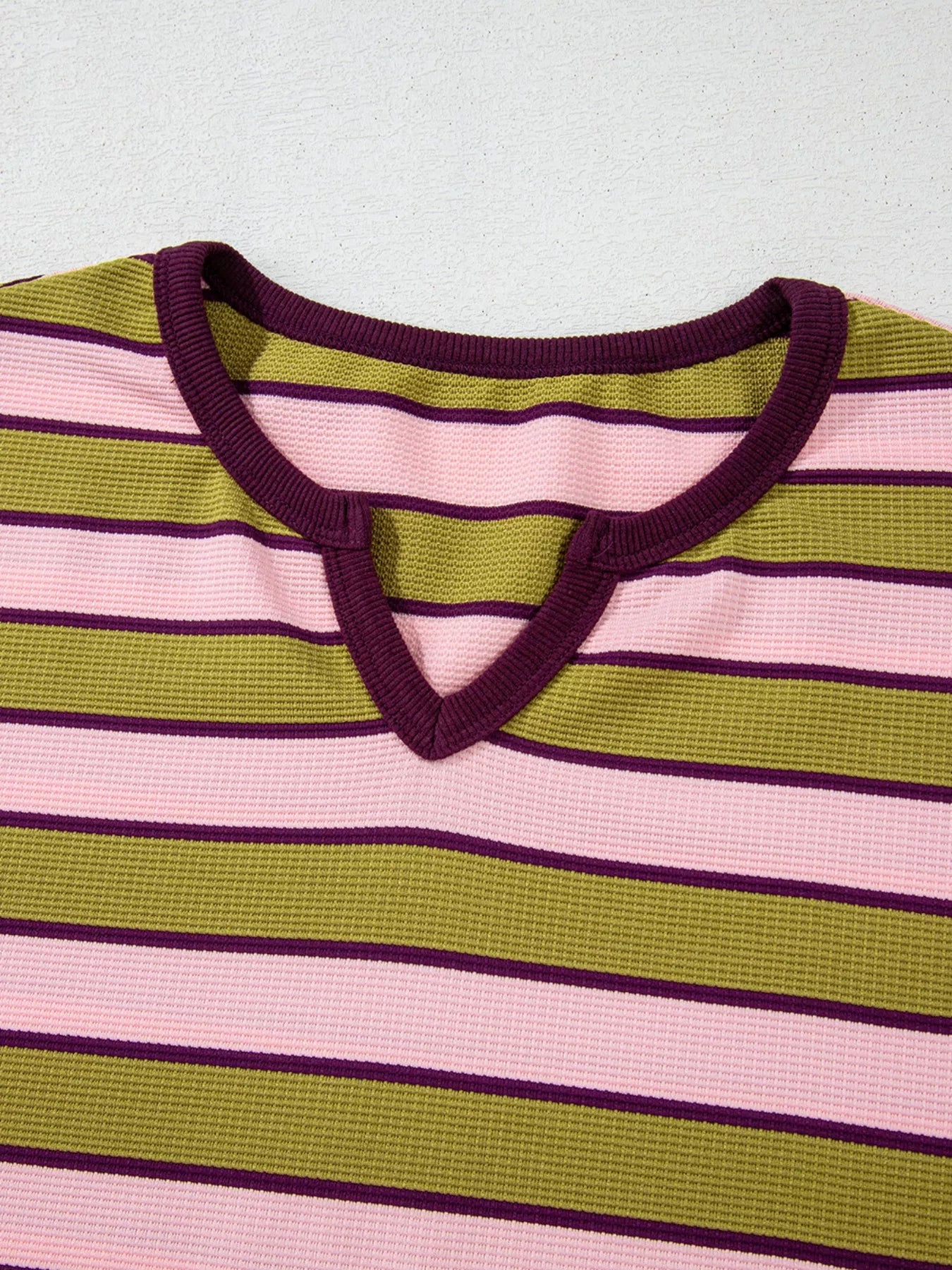 Stripes Waffle Texture Notched Neck Long Sleeve Top