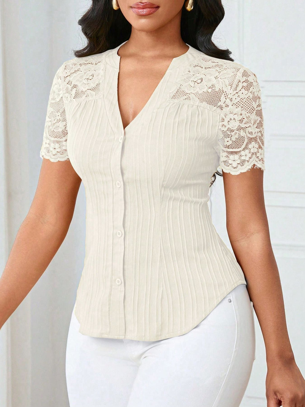 Lace Sleeve Button Up Shirt