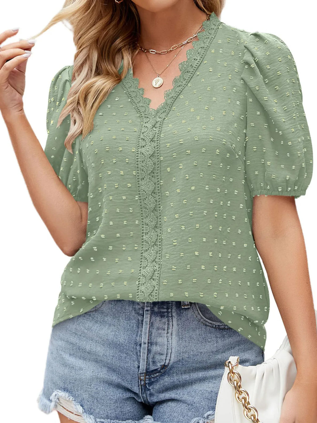 Puff Sleeve Swiss Dot Lace Trim Blouse