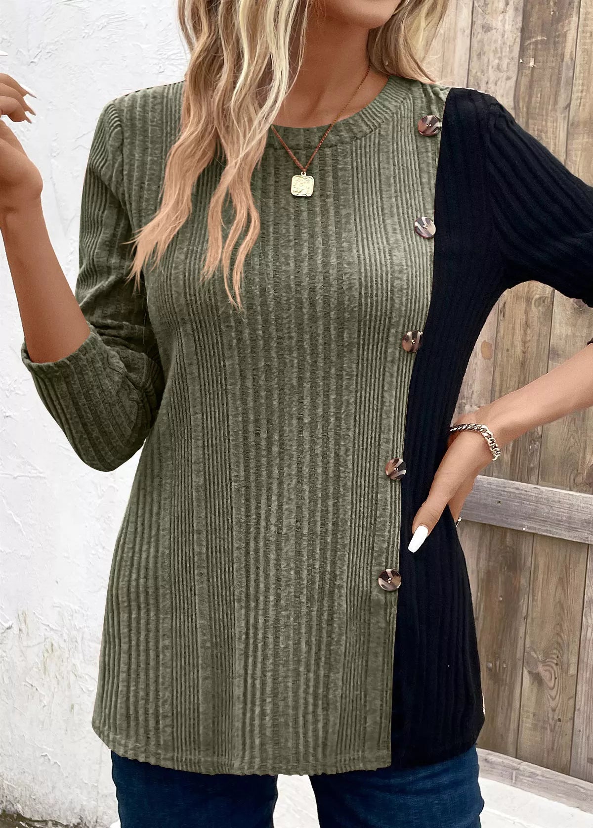 Color Block Ribbed Knit Decor Button T-Shirt