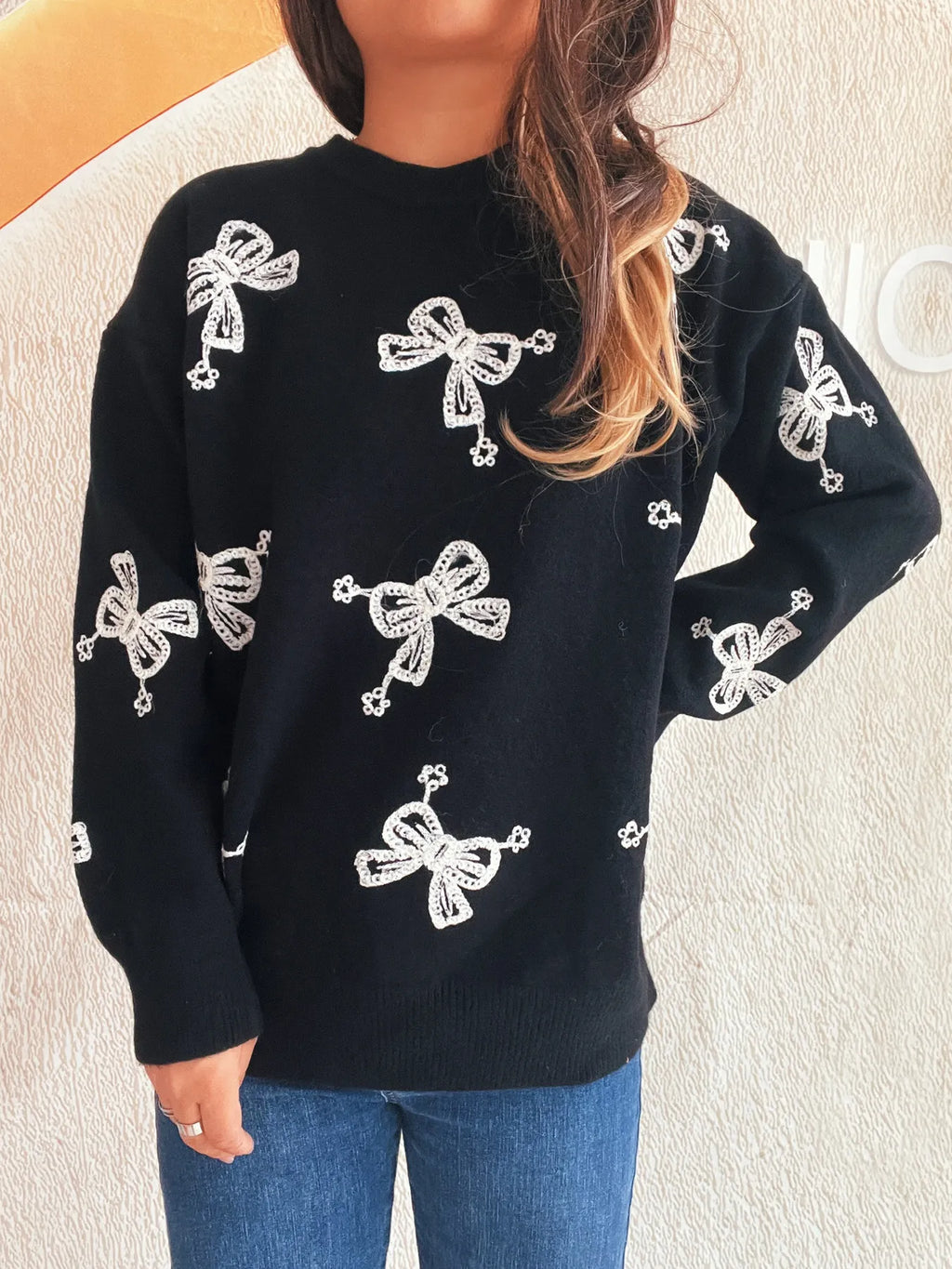 Bow Round Neck Long Sleeve Sweater