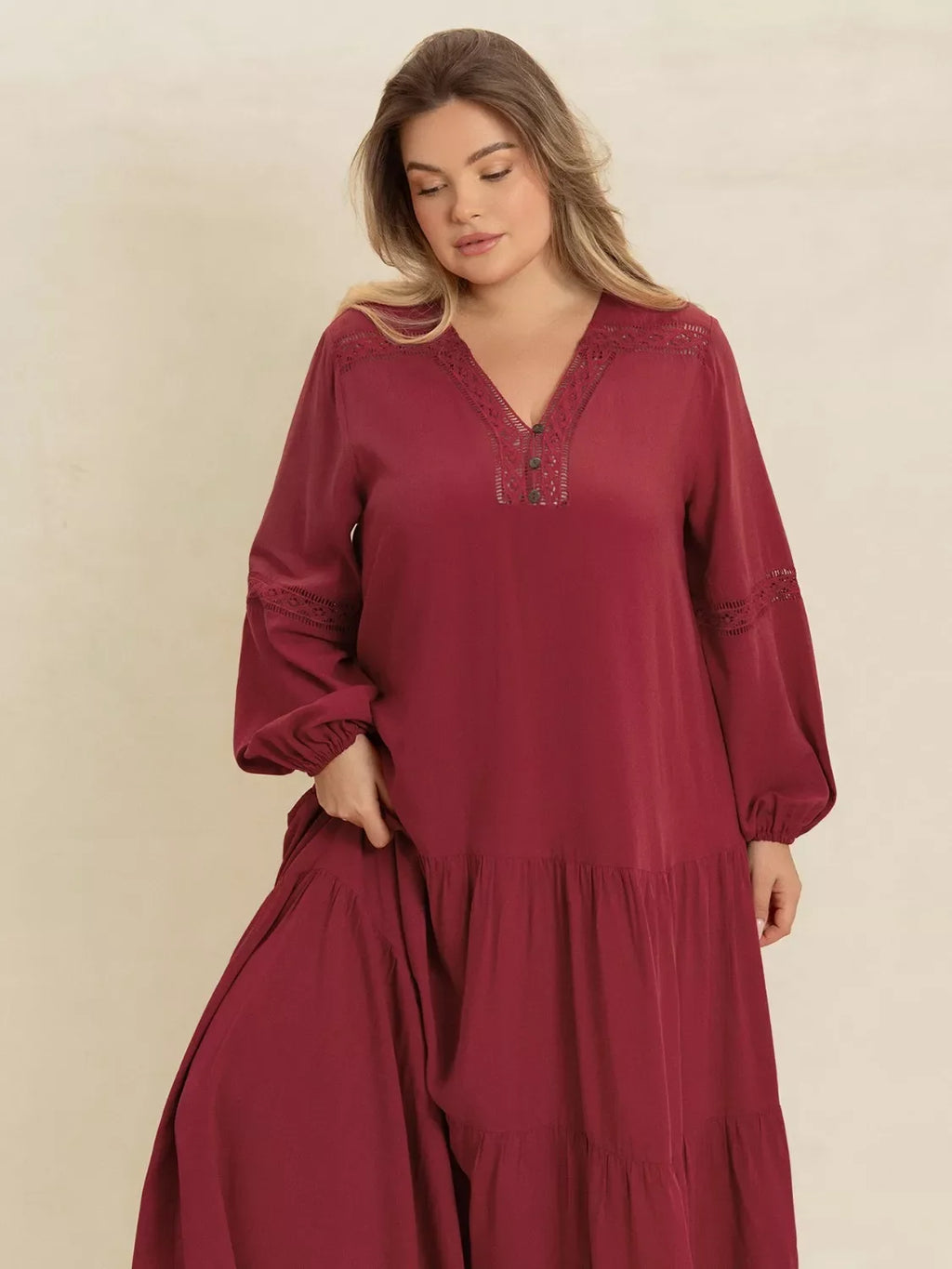 Plus Size Bohemian Tiered Maxi Dress with Balloon Sleeves