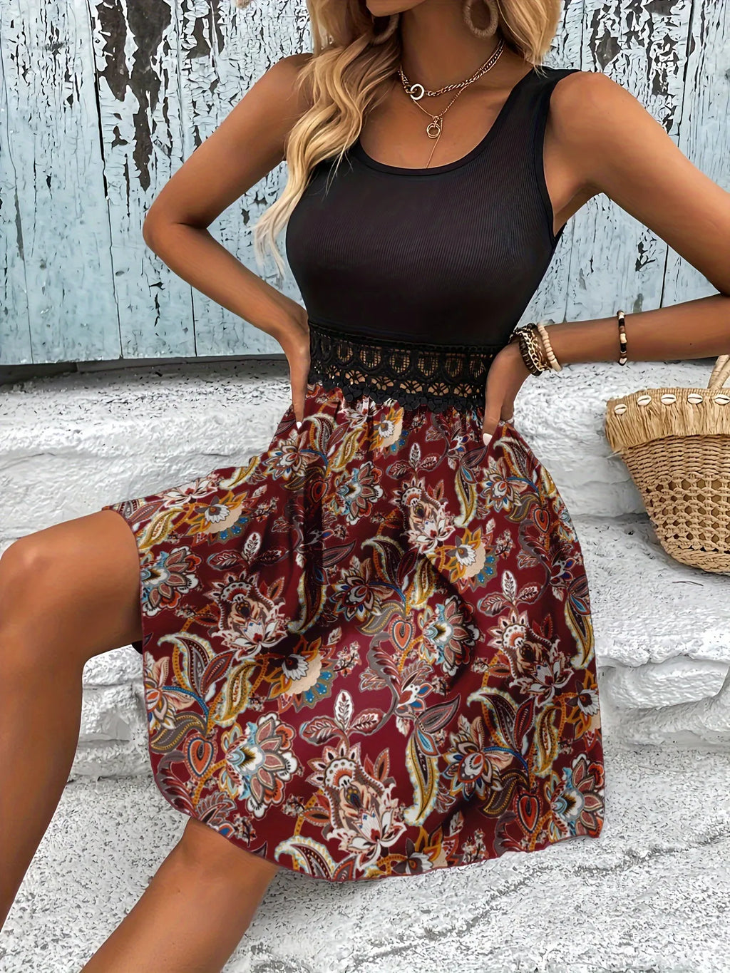 Printed A-Line Tank Dress with Lace Waist Detail