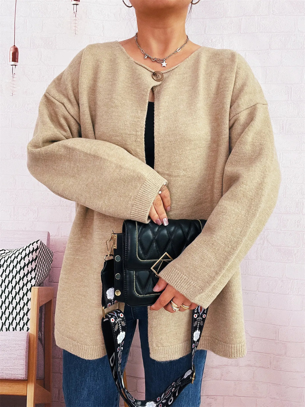One Button Front Drop Shoulder Cardigan