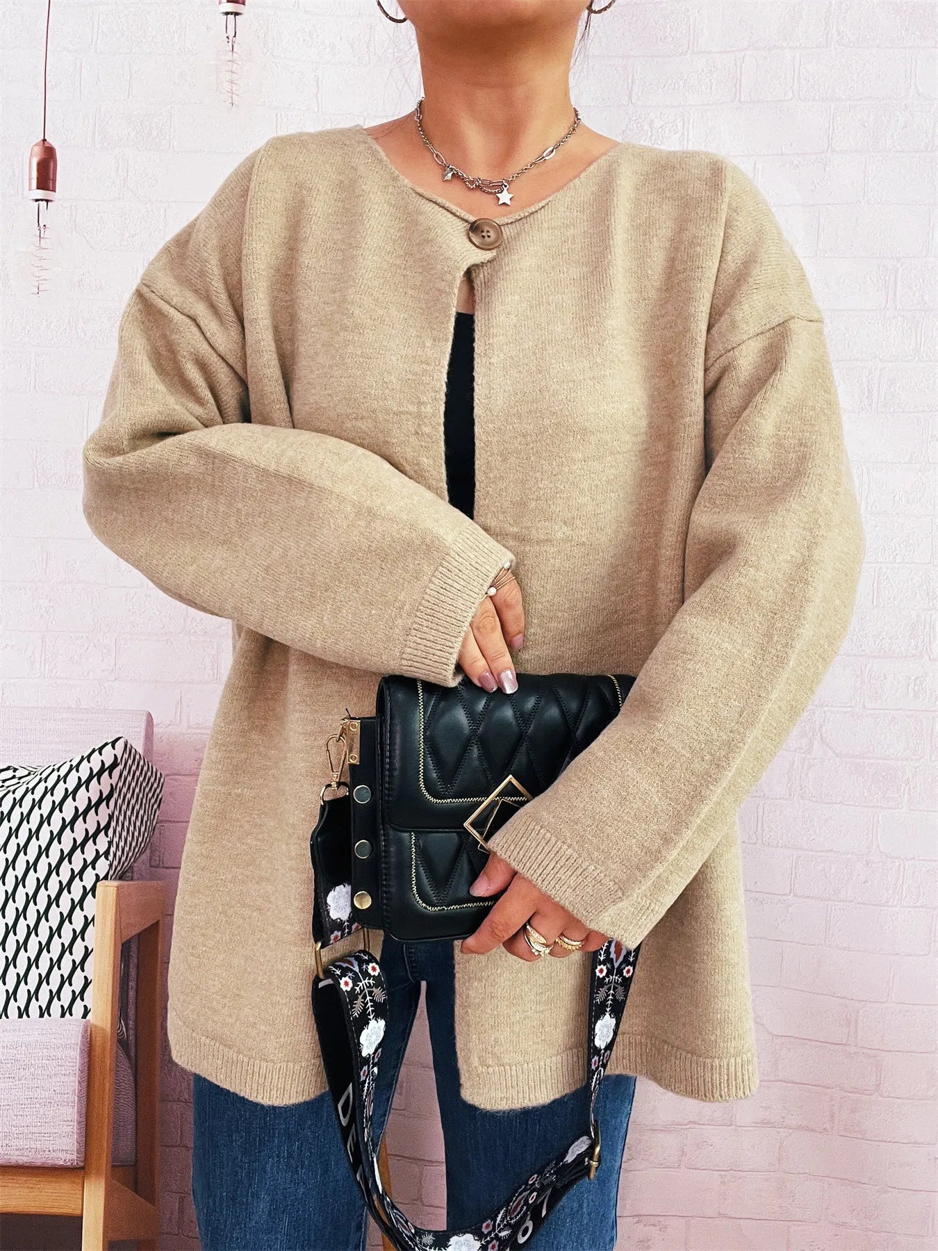 One Button Front Drop Shoulder Cardigan